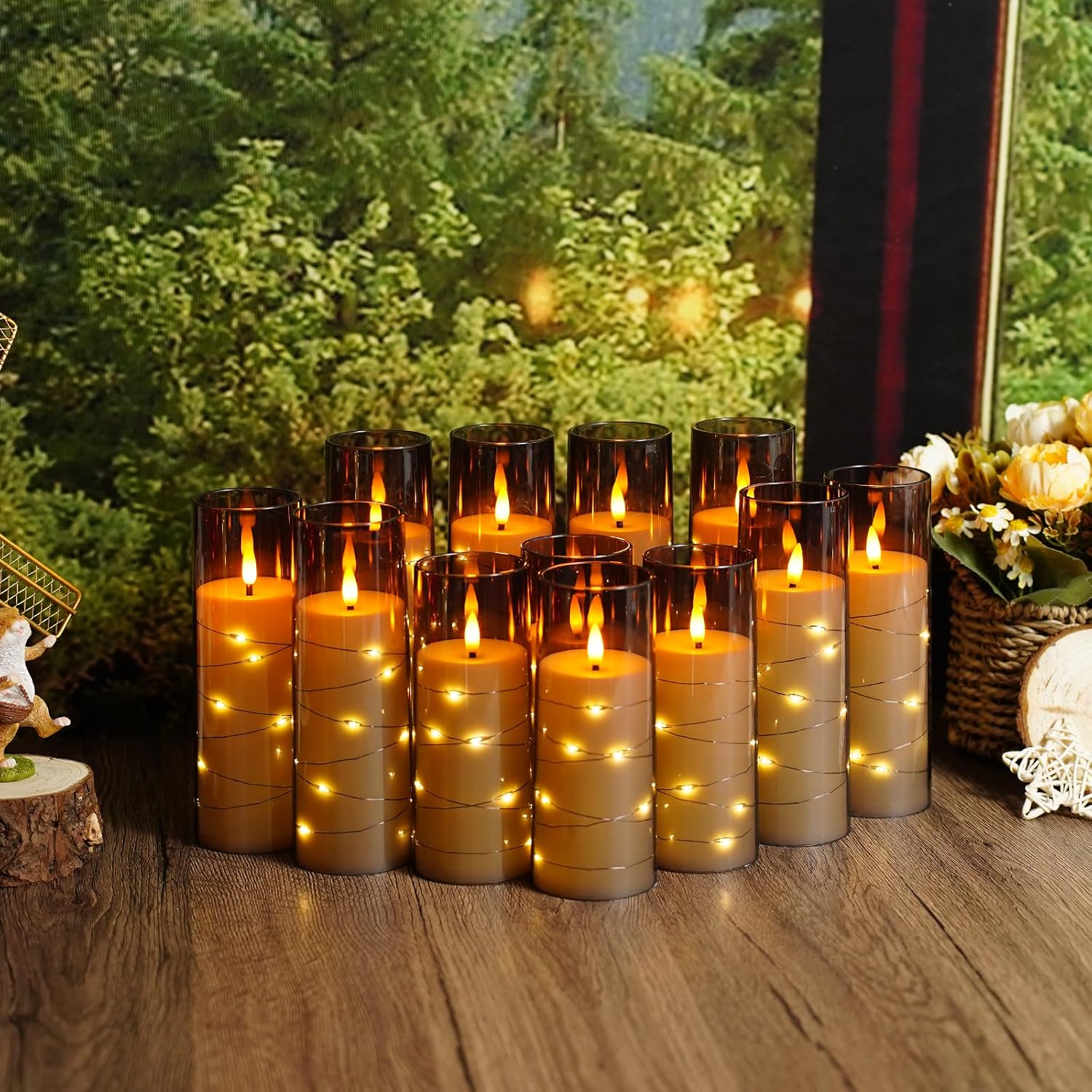 Sasigeiaa Flameless Candles with Embedded Star String - Battery Operated LED Candles, with Remote,12 Grey Flickering