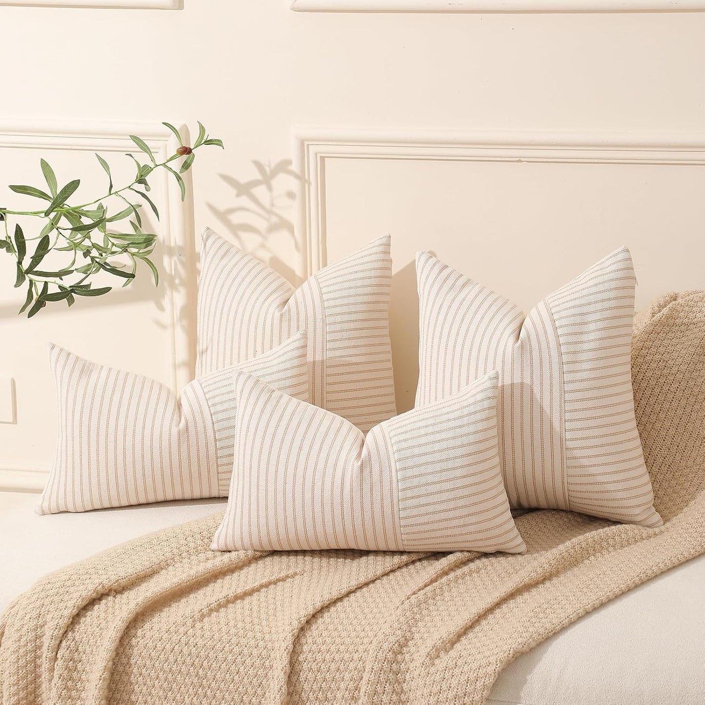 Striped Linen Decorative Pillow / Khaki / 18 x 18 / Beige / Set of 2