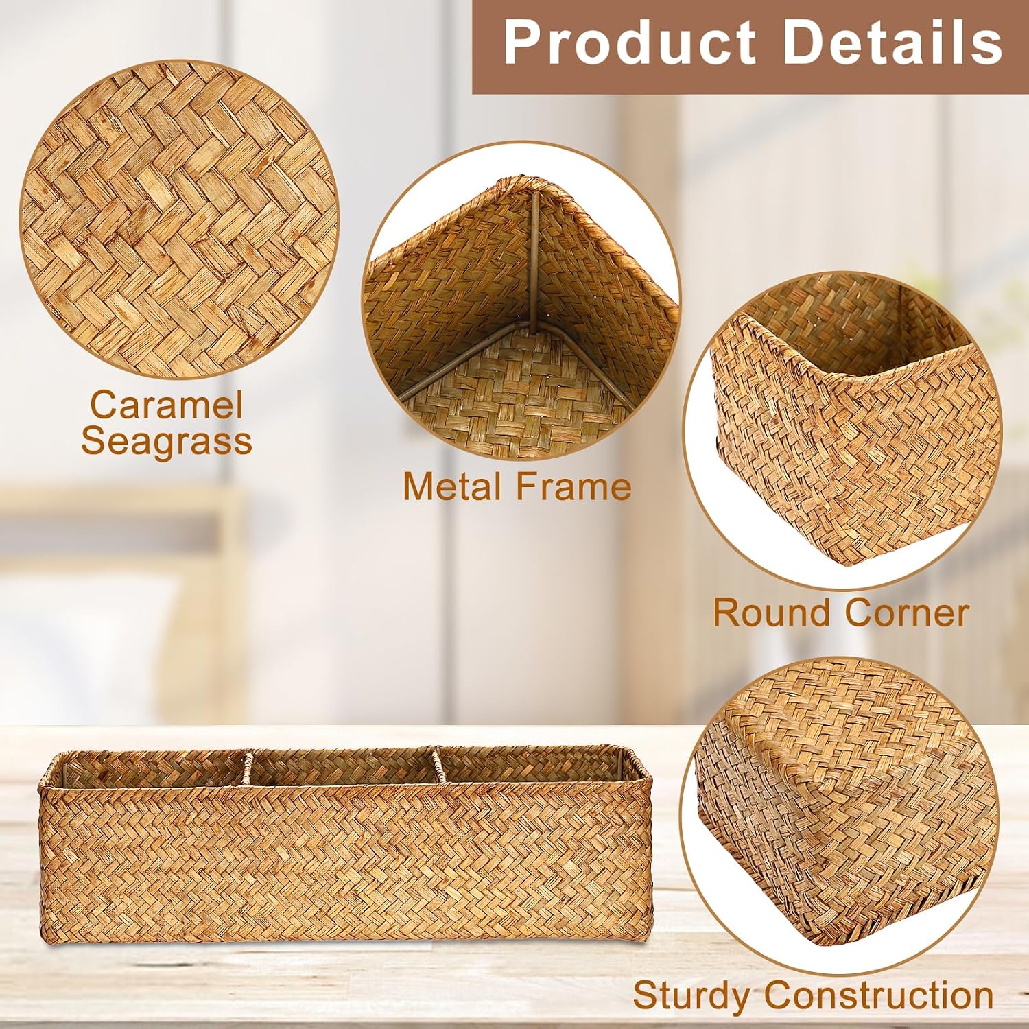 Handwoven Seagrass Storage Basket 3 Sections Toilet Tank Paper Organizer / Large / Caramel