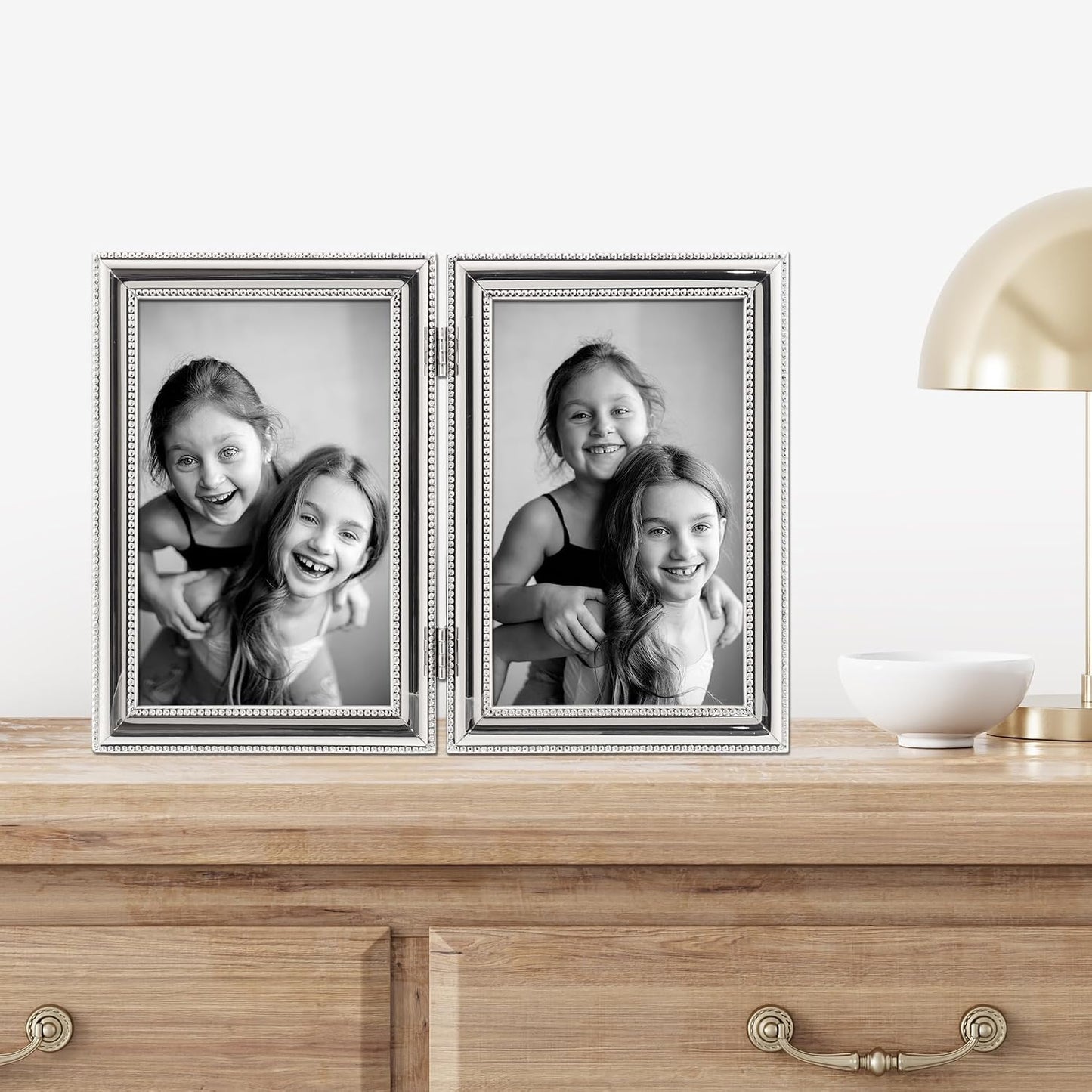 Lawrence Frames Hinged Double (Vertical) Metal Picture Frame Silver-Plate with Delicate Beading, 4 by 6-Inch