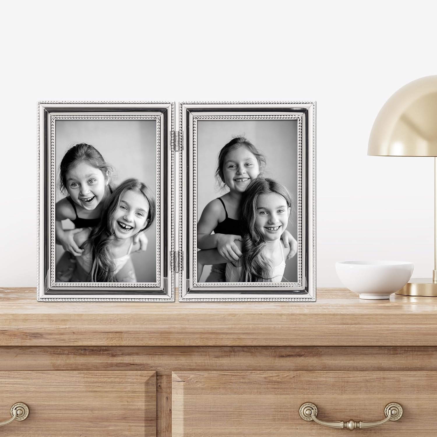 Lawrence Frames Hinged Double (Vertical) Metal Picture Frame Silver-Plate with Delicate Beading, 4 by 6-Inch
