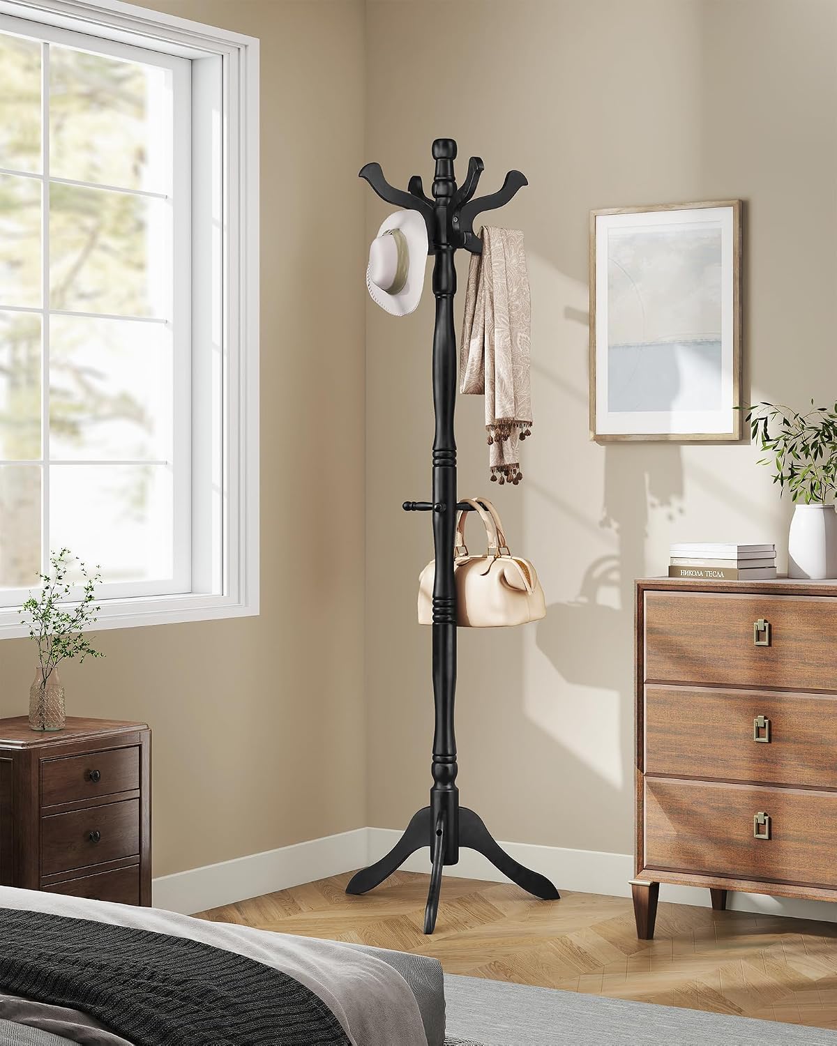 VASAGLE Freestanding Coat Rack, Rubber Wood Coat Tree with 11 Hooks | Hat Stand Garment Rack, 20.5 x 17.8 x 70.9 inch