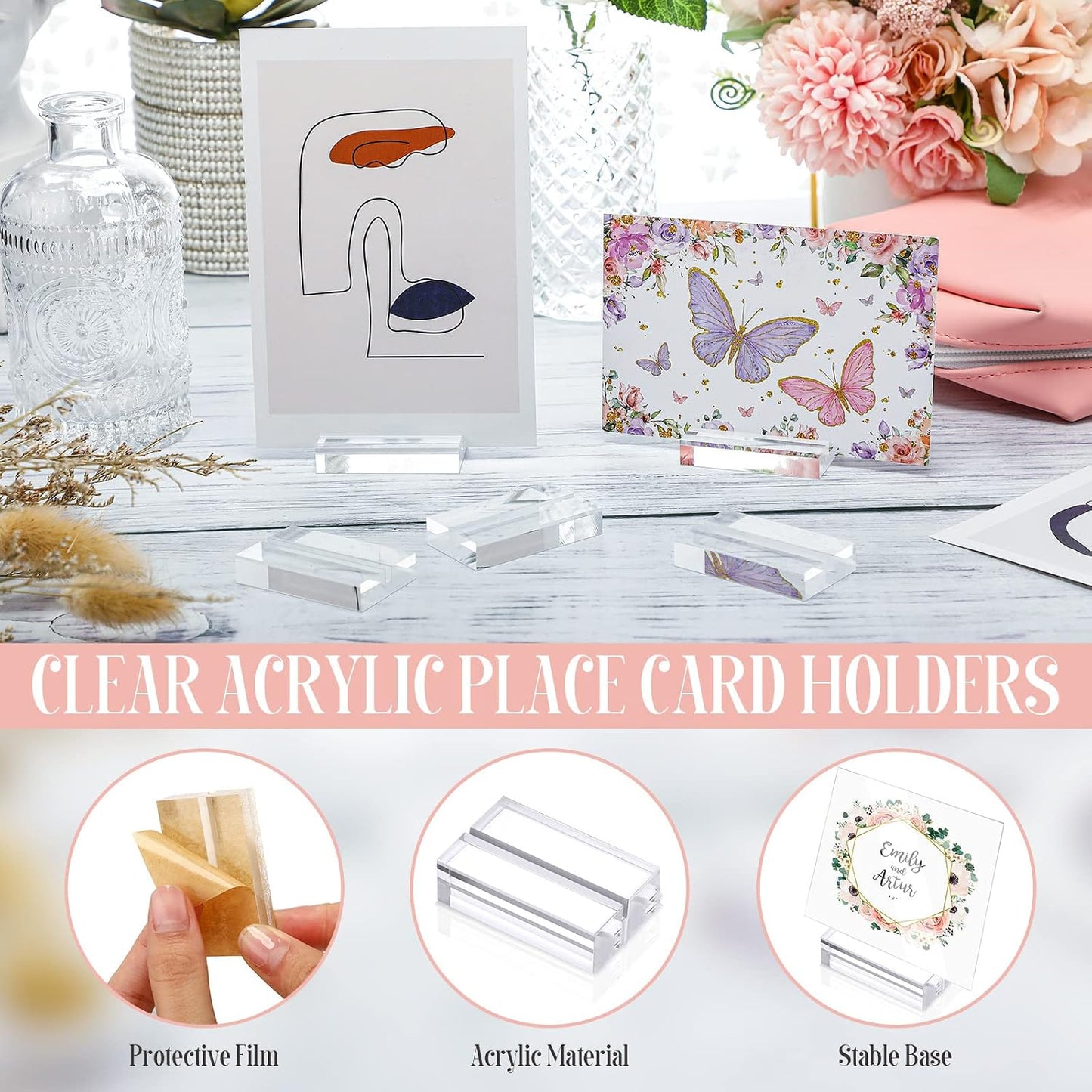 Roowest 100 Pcs Wedding Acrylic Place Card Holders Gifts Clear Table Number Holders 2 Inch Place Stands Acrylic Display