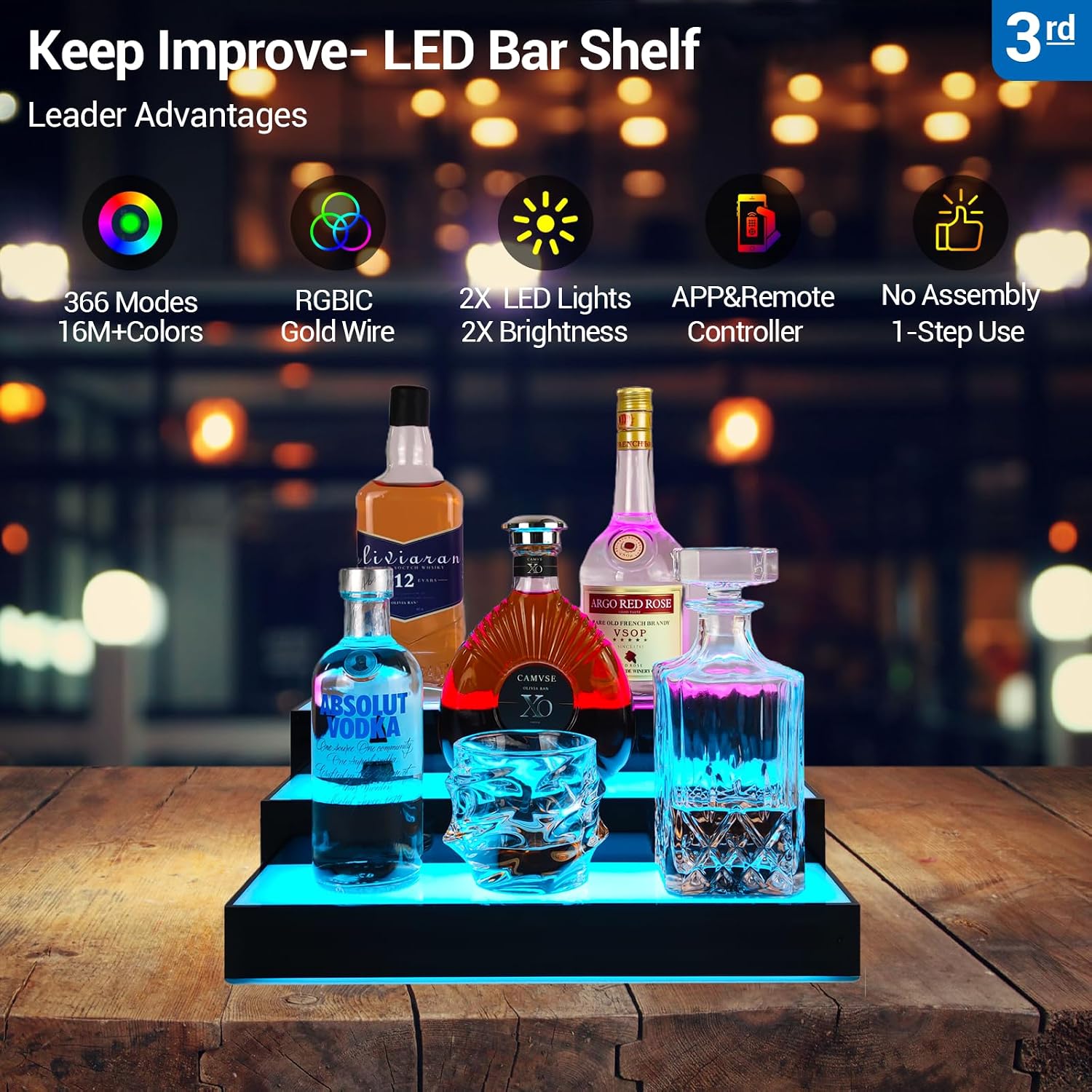GOH&FTY LED Lighted Liquor Bottle Display Shelf,APP 16inche 3Step LED Bar Shelf with Wireless Remote& Multicolor LED