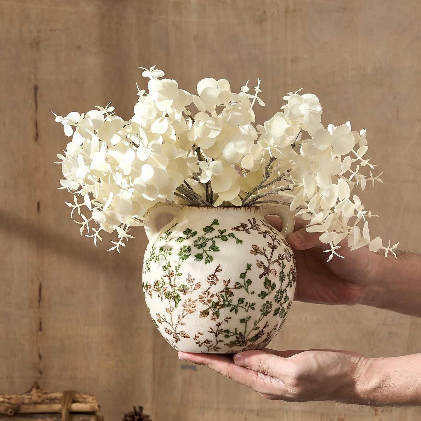 Rustic Ceramic Vase / Beige and Green- 5.6 / 5.6 Inch