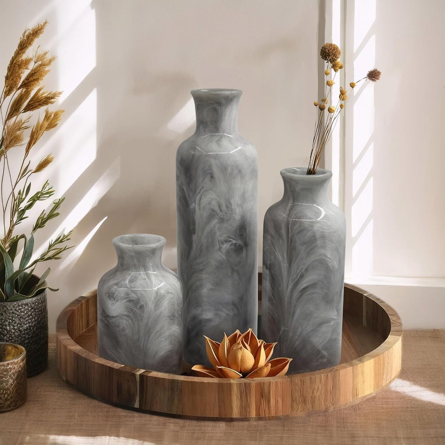 Resin 3 Piece Vase Set / Gray