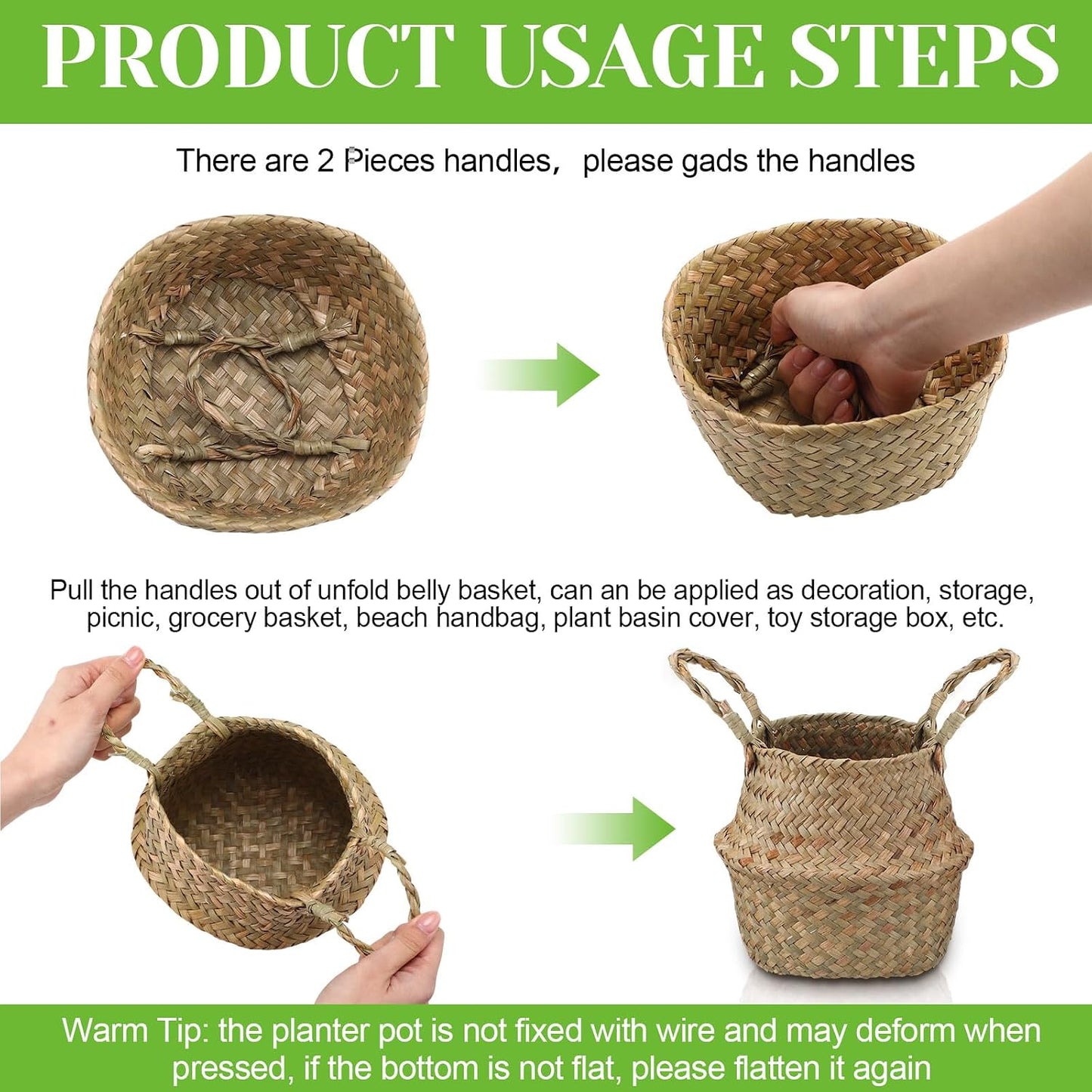Woven Seagrass Baskets Belly Basket Folding Boho Plant Pot / Xxs,6.3''dx5.5''h / Natural / Set of 4