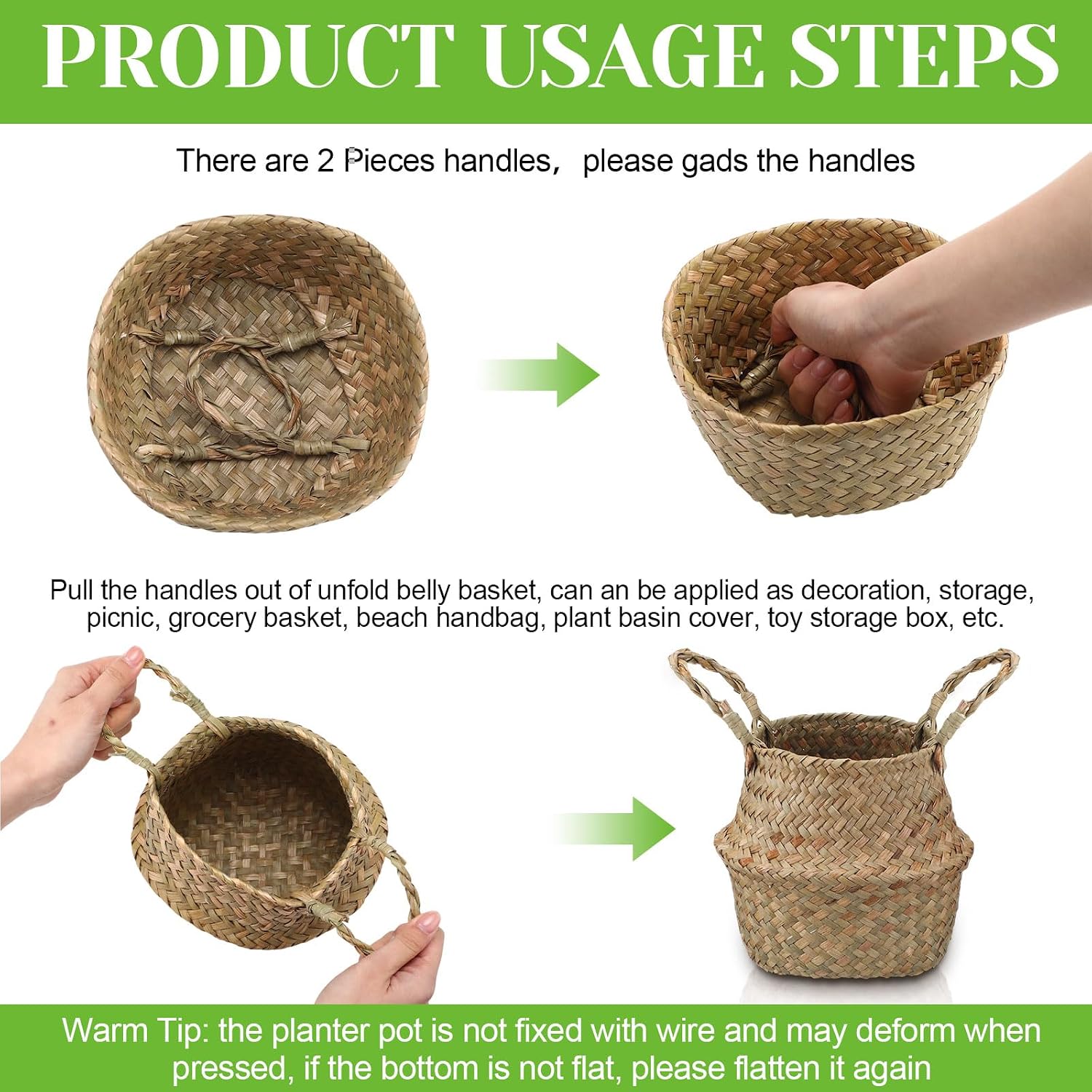 Woven Seagrass Baskets Belly Basket Folding Boho Plant Pot / Xxs,6.3''dx5.5''h / Natural / Set of 4