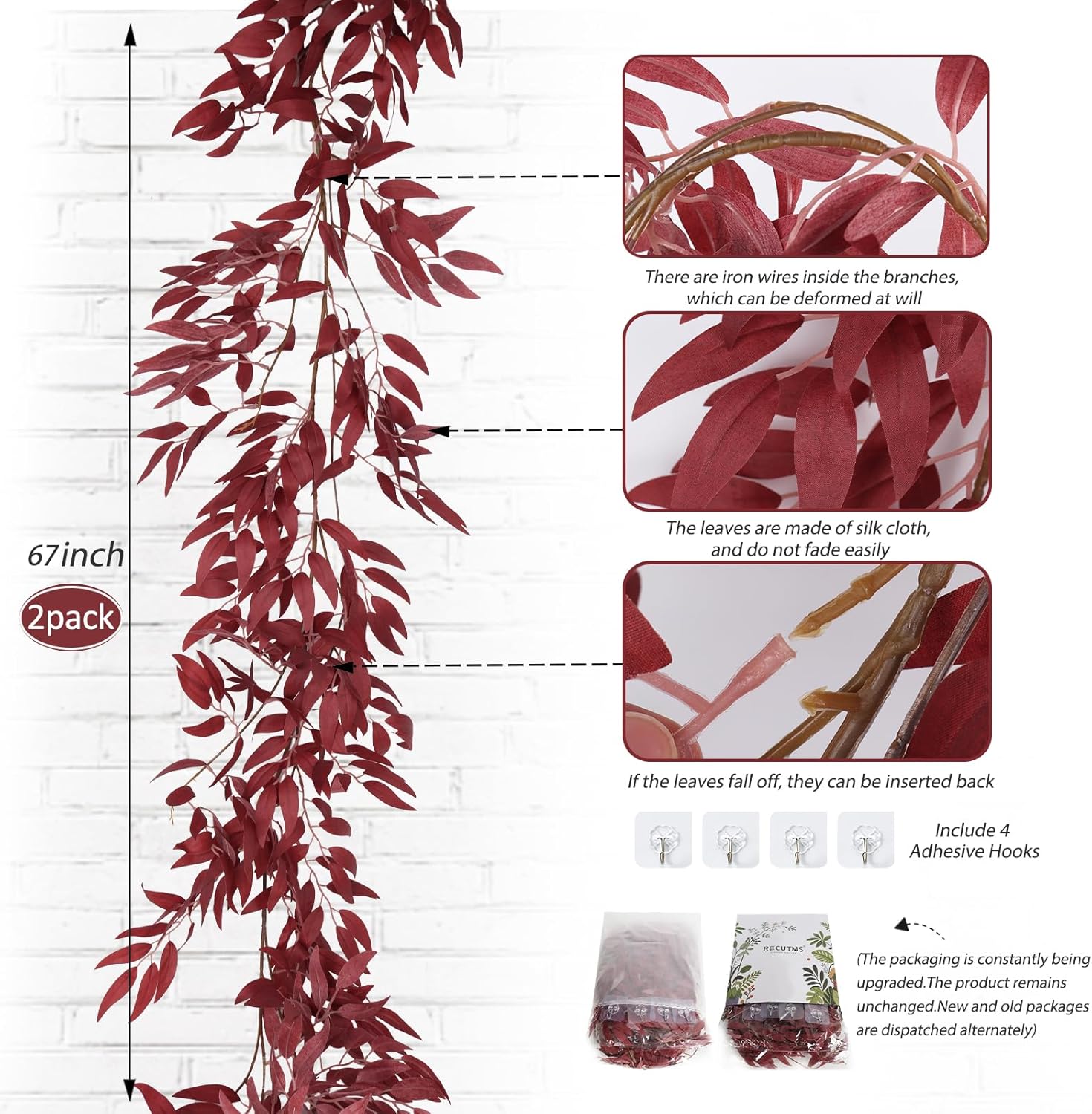 Artificial Hanging Willow Leaves Vine Twigs Fake Silk / Willow Vines Burgundy / 5.7 Inch / Set of 2