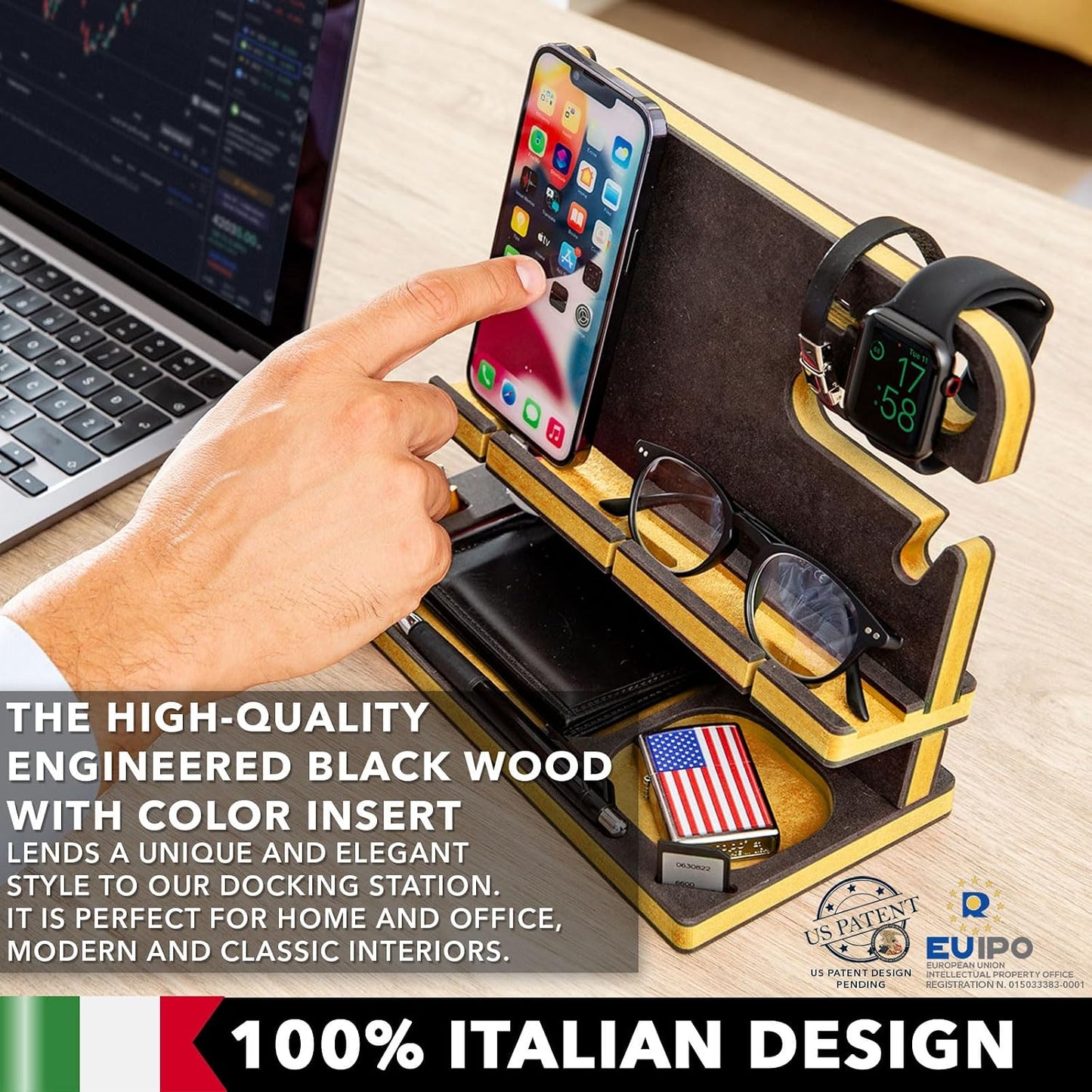 Personalized Wood Docking Station for Cell Phone, Tablet, Wallet, Gadgets, Keys, Accessories, Essentials Desk