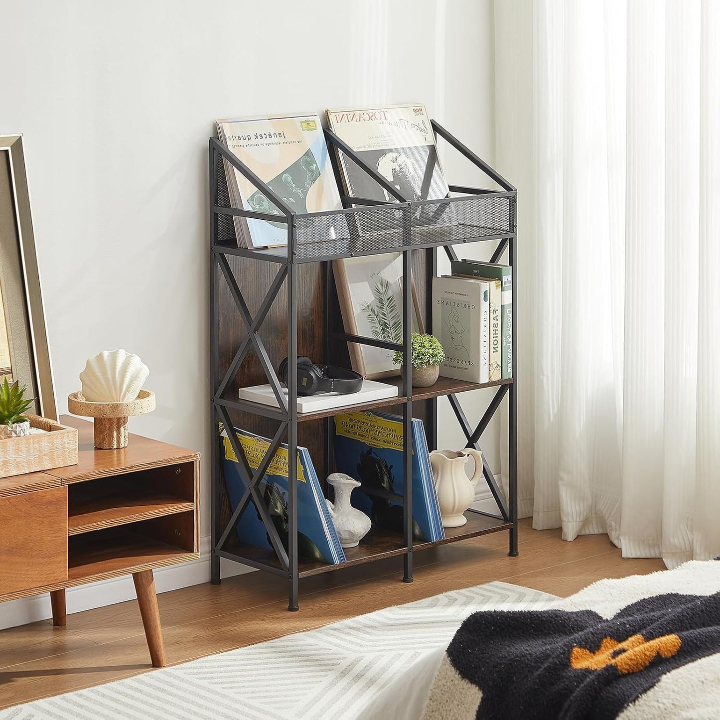 EYOCAL 6 Grids Vinyl Record Storage Holder Rack， Wooden Record Display Table for Magazines Files Albums Books for