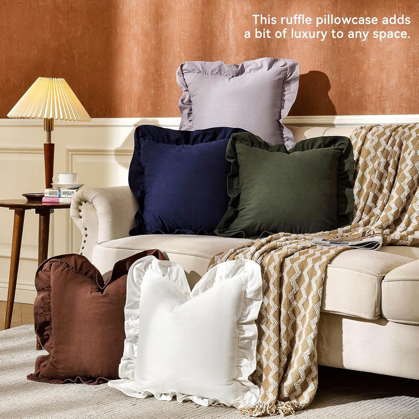 Throw Pillow Covers 100% Cotton Pre Washed Ruffle Decorative / 18 x 18 / Cream White / Set of 2