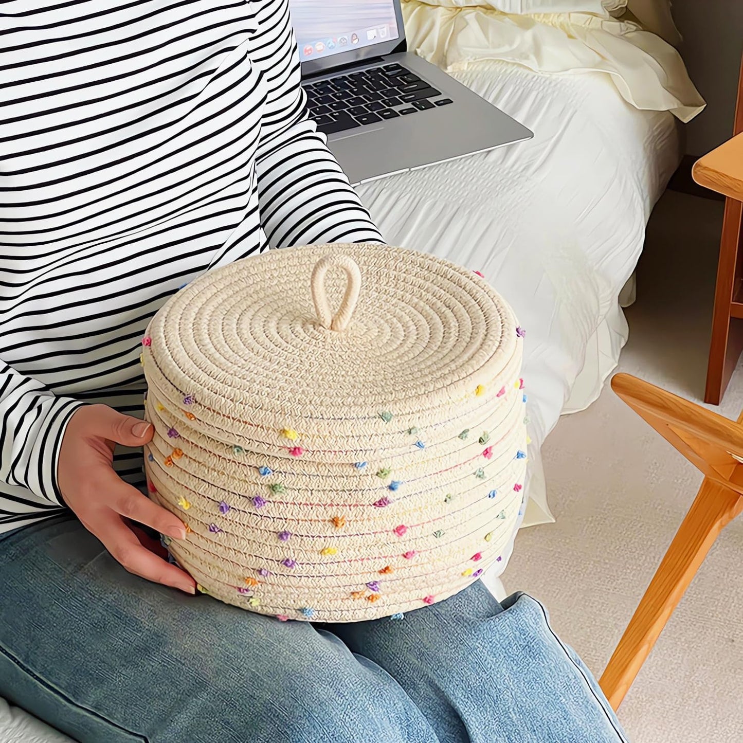 Small Round Woven Storage Basket / Rainbow 1 / 10 x 6