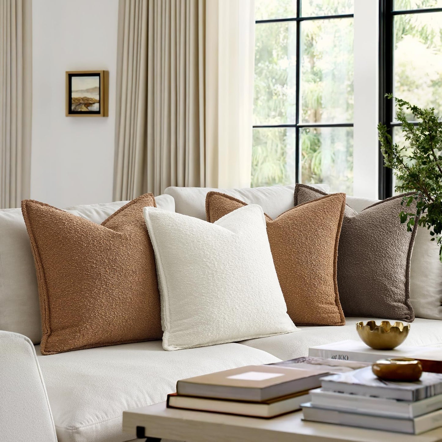 Decorative Textured Boucle Throw Pillow Covers Broadside Thick Boho / 18 x 18 / Brown / Set of 2