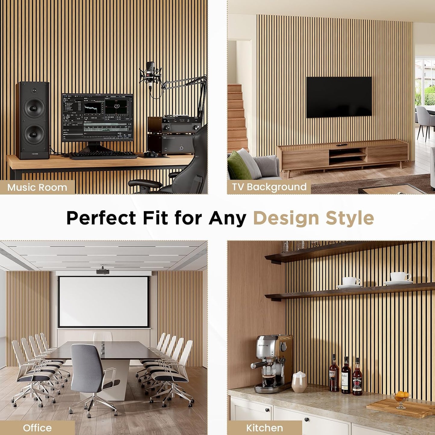 SMARTSTANDARD Wood Slat Acoustic Wall Panels 4 Pack 94"x12.6" White Oak | Noise Reducing and Sound Absorbing