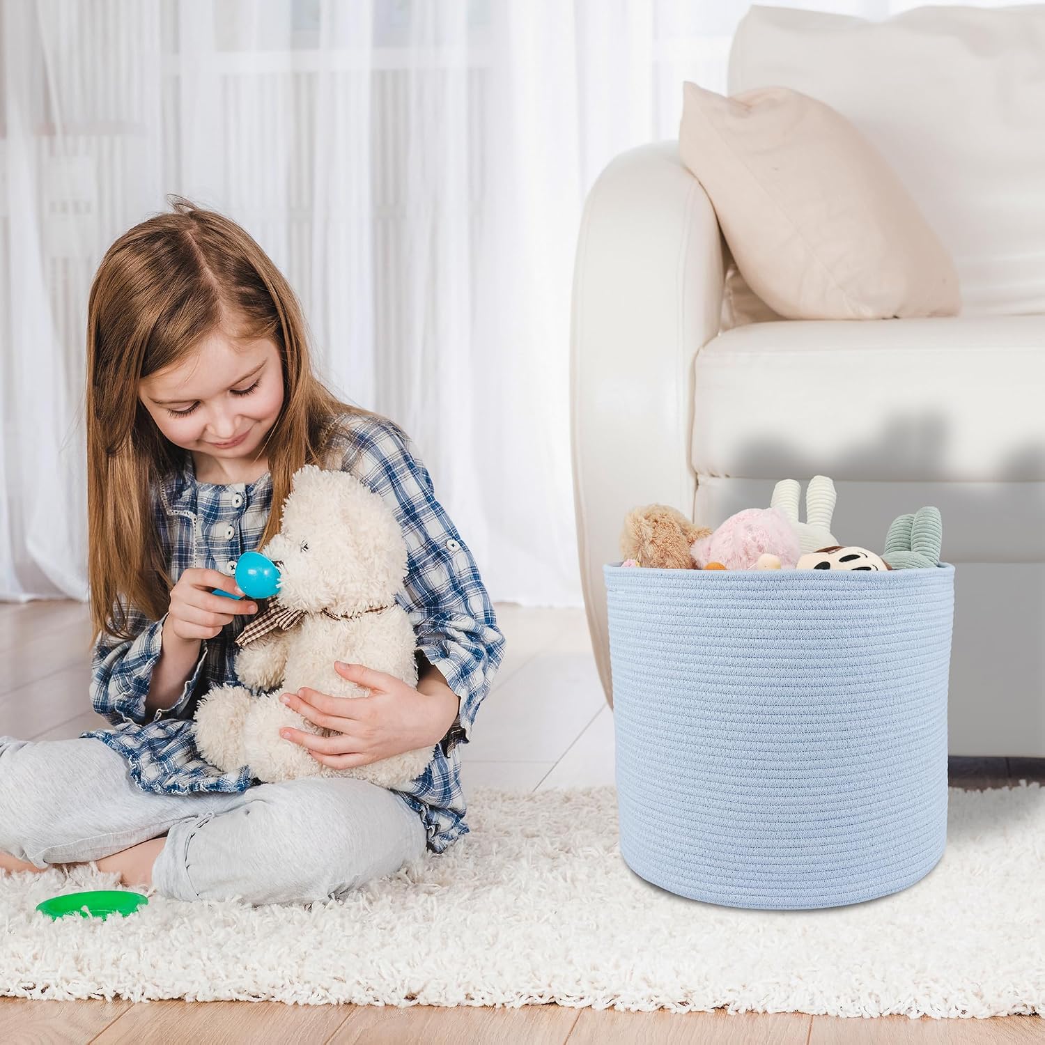 Cotton Rope Basket For Girls Boys Kids " Baby Laundry Baskets Nursery Bin Round / Blue / 16 x 14