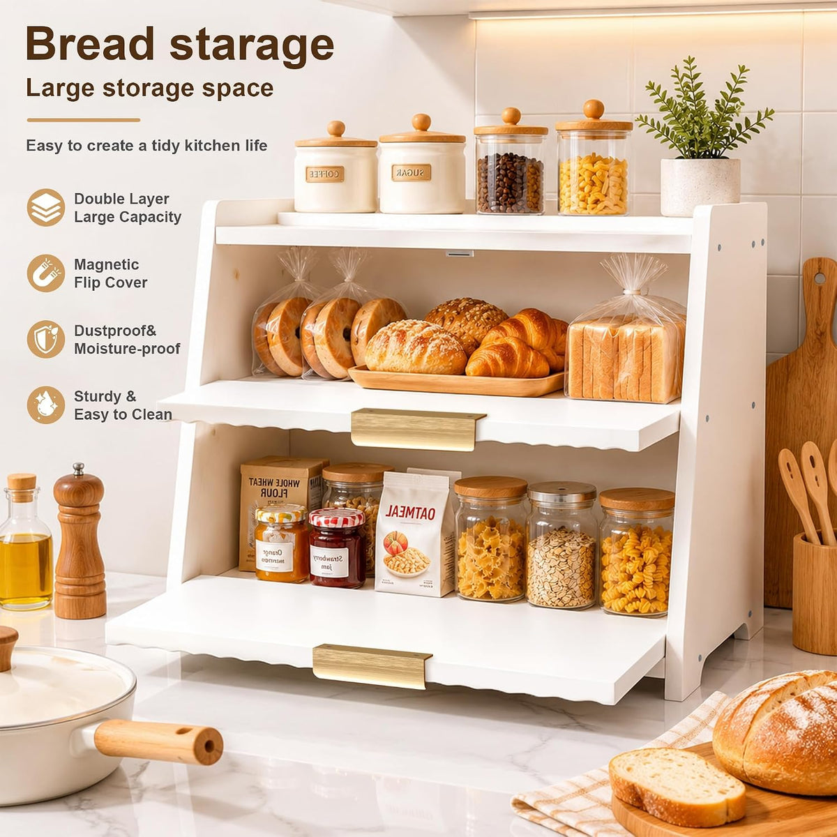 Large Bread Box, White, Double Layer Wooden | Top Shelf, Countertop Organizer Cabinet, For Bread & Coffee Station
