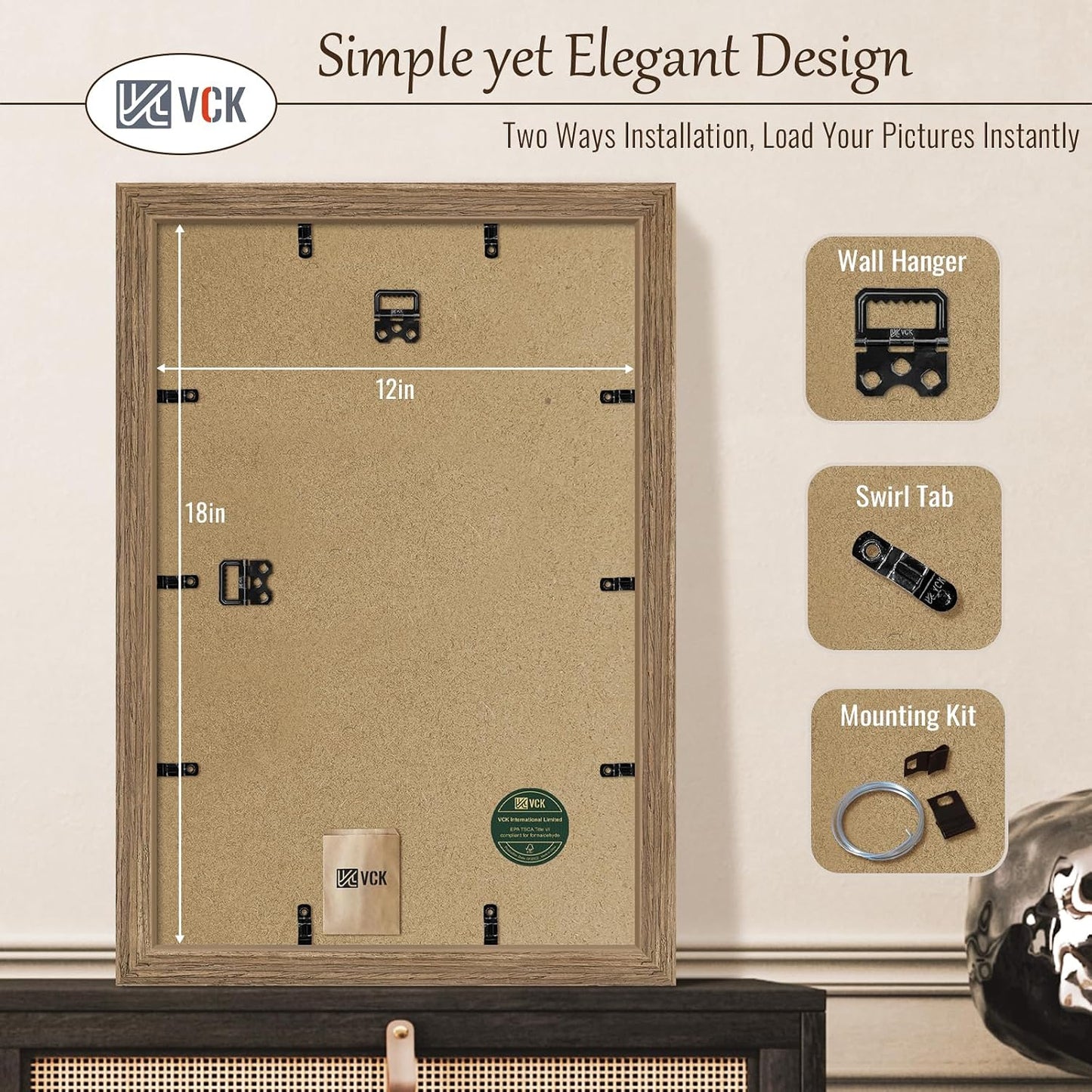 VCK 12x18 Frames 3 Pack, Walnut Poster Frame MDF Wood with Polished Plexiglass, Wall Mounting Horizontal & Vertical