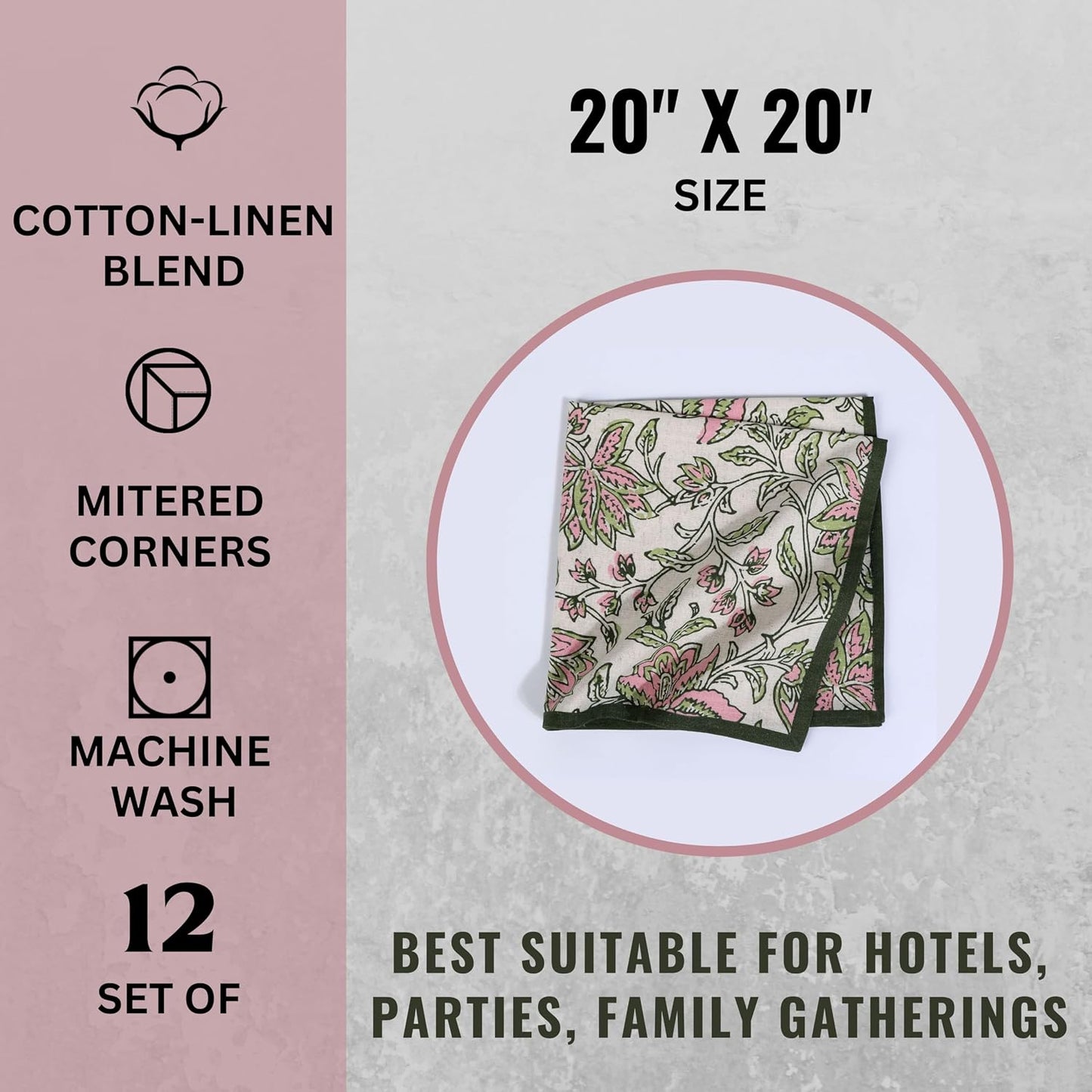 FINGERCRAFT Cloth Napkins Set of 12 Cotton Linen, 20x20 Inch, Summer Block | Mitered corner, washable, soft, absorbent