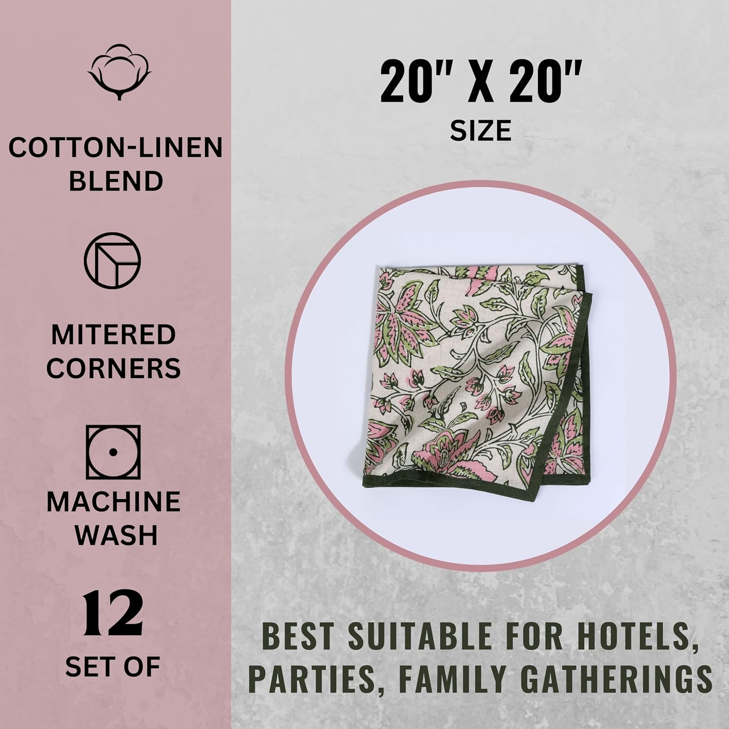 FINGERCRAFT Cloth Napkins Set of 12 Cotton Linen, 20x20 Inch, Summer Block | Mitered corner, washable, soft, absorbent