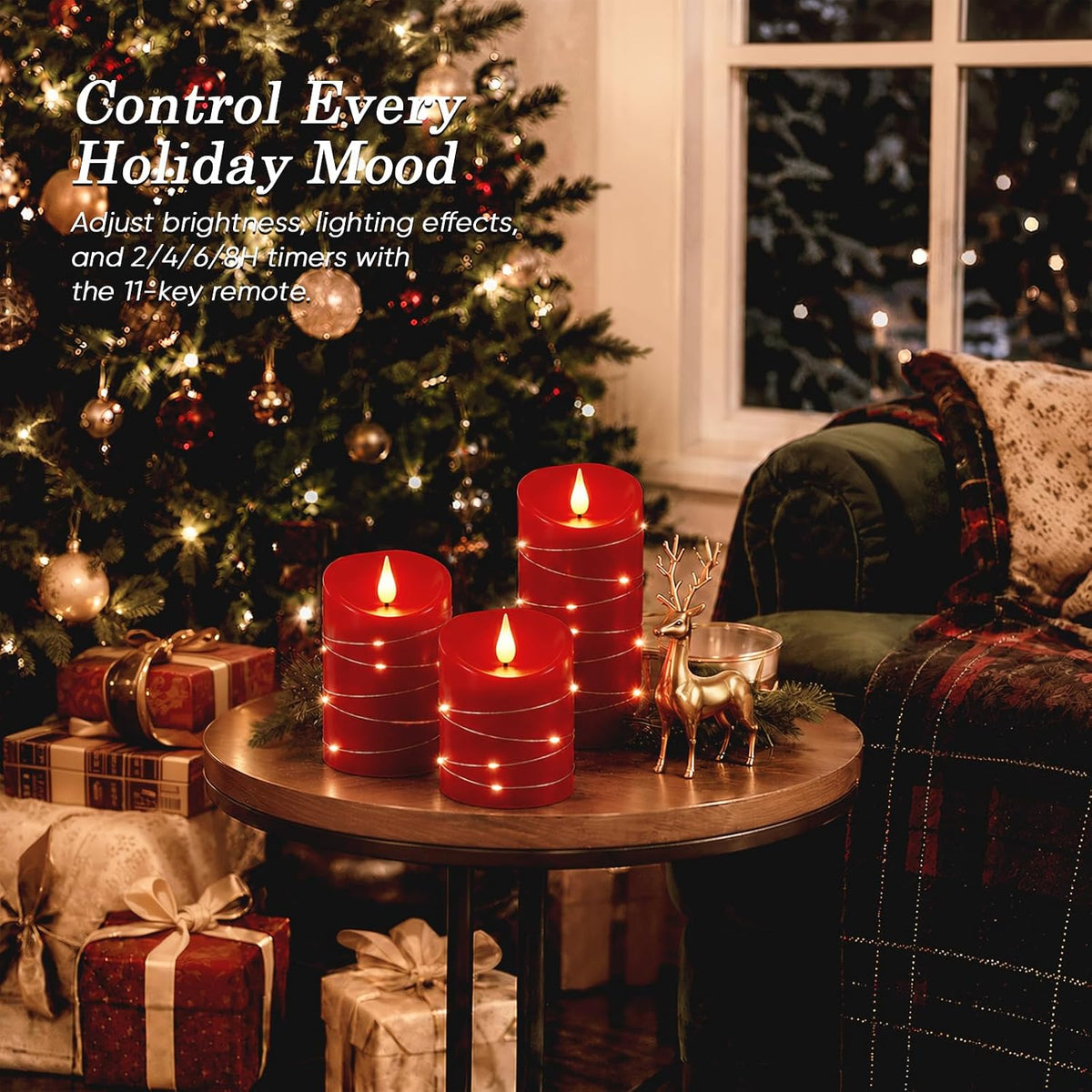 Homemory Red Flameless Candles with String Lights, 3 Pack Real Wax LED Pillar Candles with 3D Wicks, Battery Operated