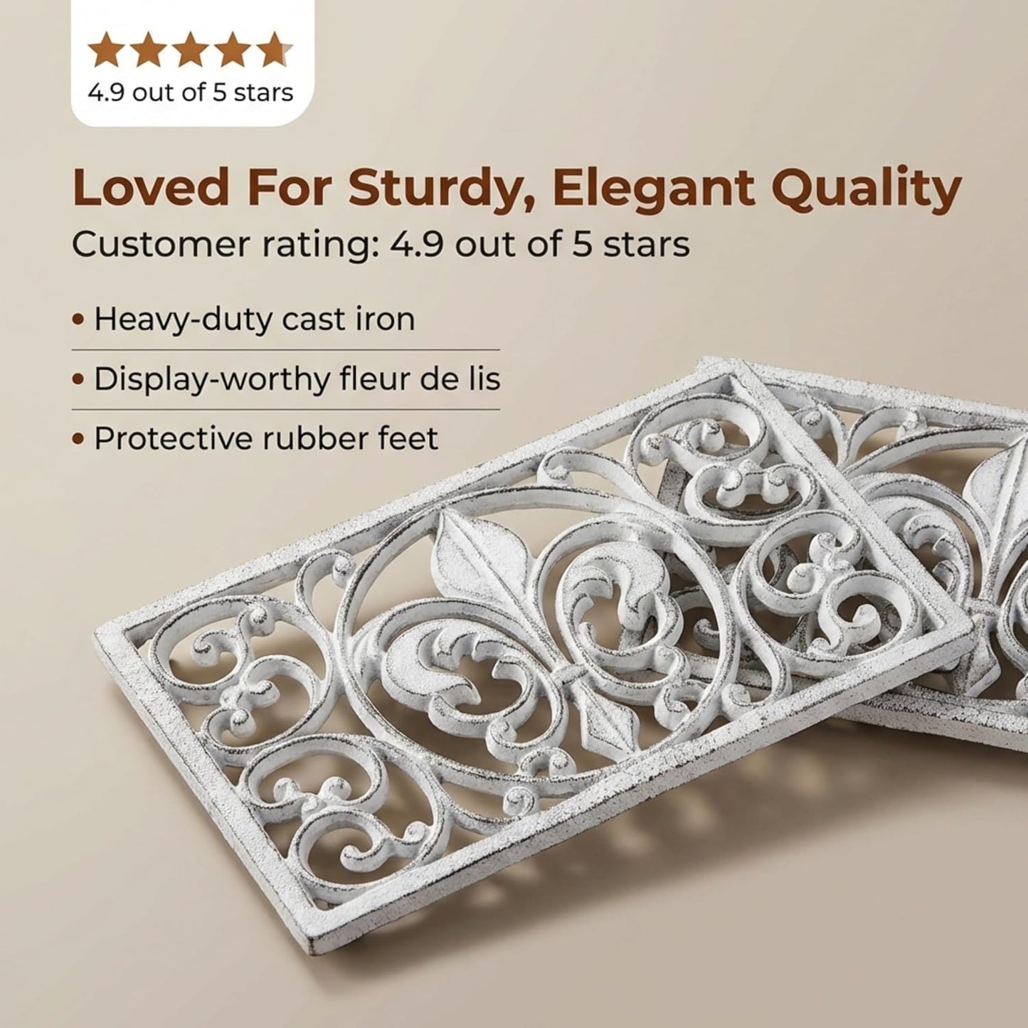 Lulu Decor, Cast Iron 10" x 6" Rectangle Fleur de lis Trivet Set of 2 pcs, for Hot Dishes or Pots - Durable Kitchen Mat