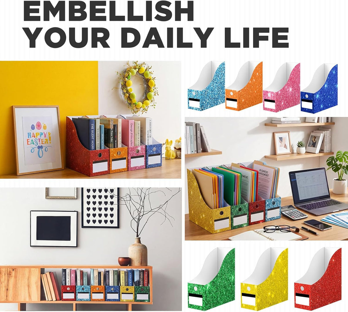 32 Pcs Cardboard Magazine File Holders Organizer, Solid, Glitter | Foldable Magazine Boxes with Label Stickers, 8