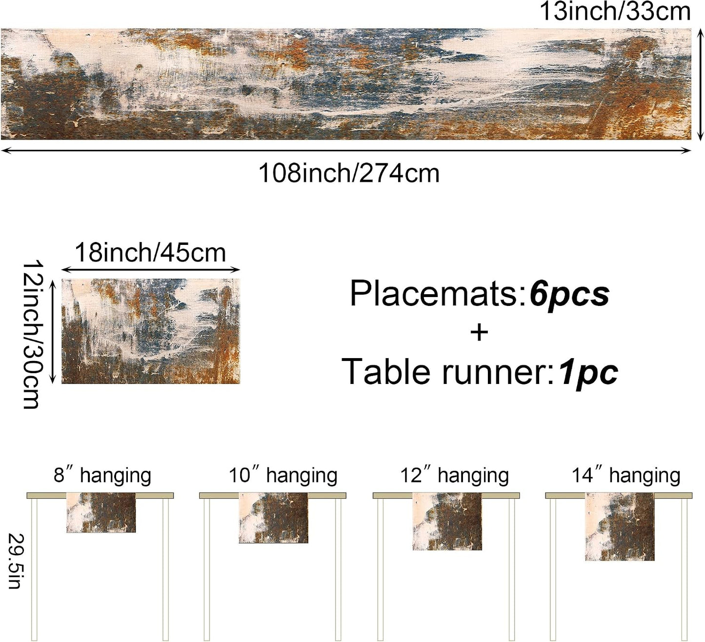 Black Grey Abstract Table Runner and Placemats Set, Linen 108" Long | Retro graffiti art painting style. Washable linen