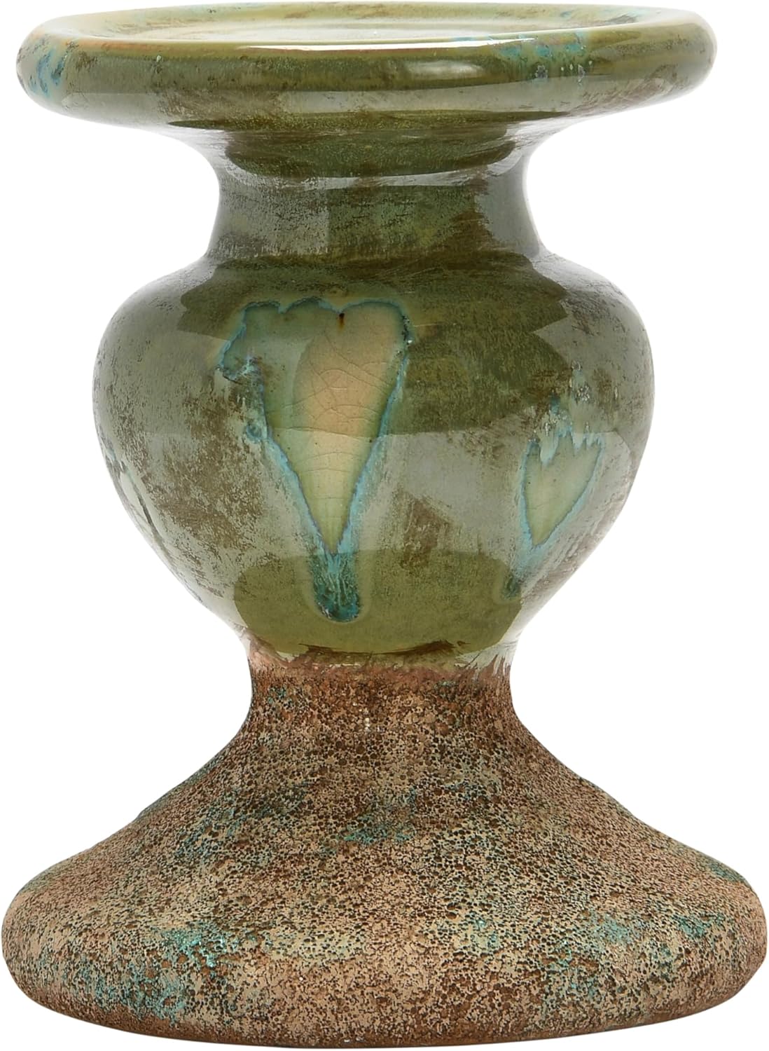 2-Tone Sculptural Terracotta Pillar Candle Holder / 5.5" W x 6.5" H / Green