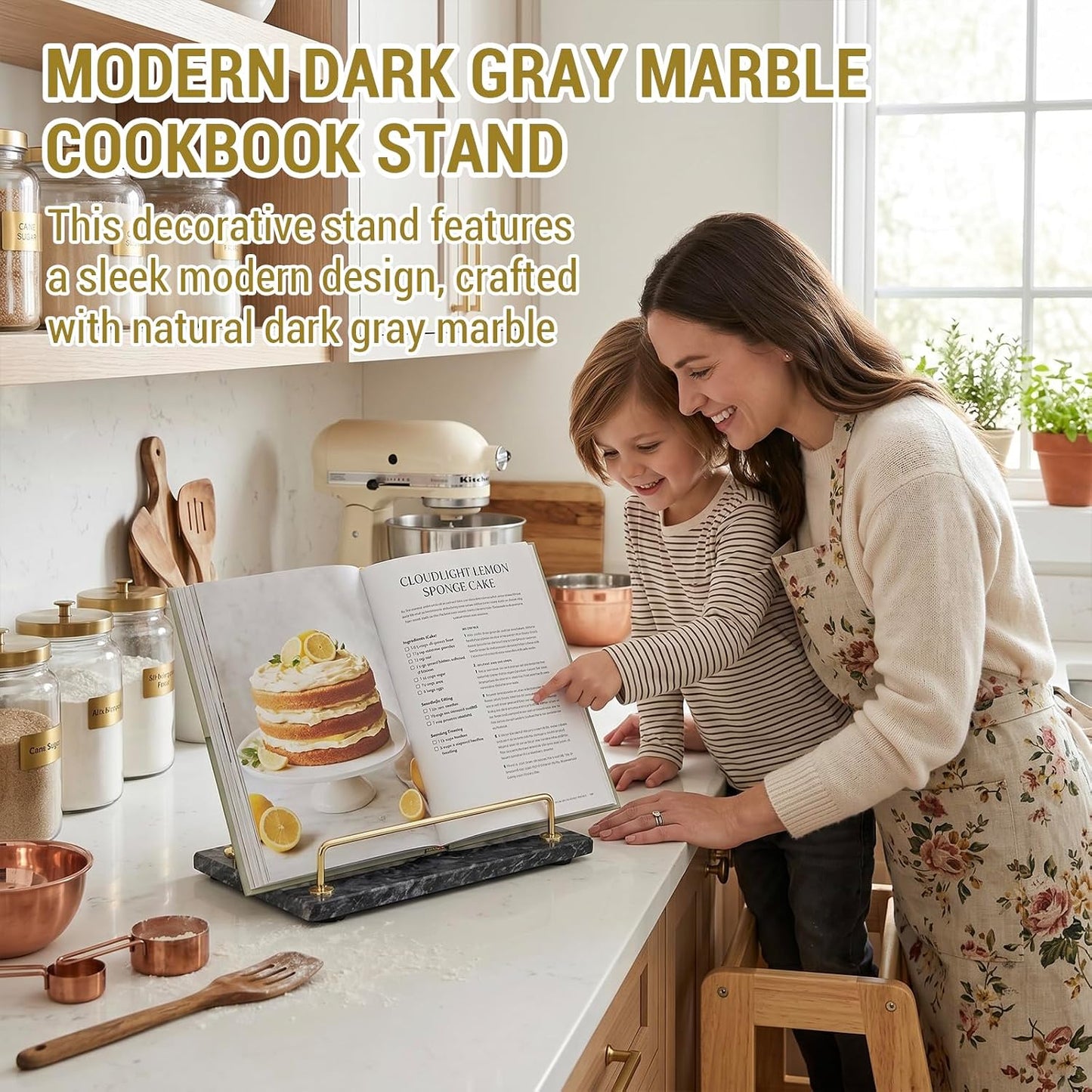 MyGift Black Marble Cookbook Stand, Recipe Holder with Brass Tone Rail | Modern black marble cookbook stand features a