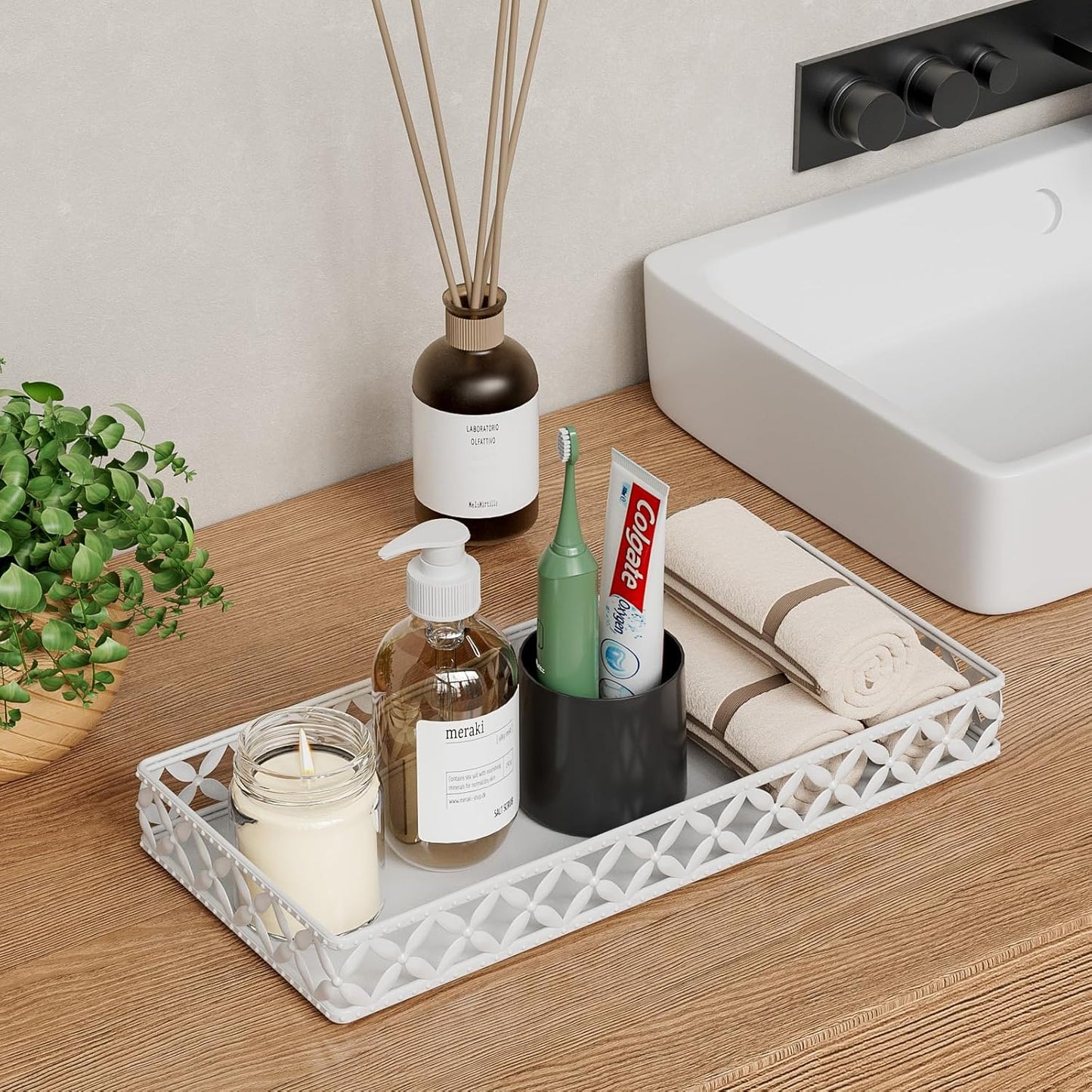 Bathroom Vanity Tray / Rectangle Floral-white / 11 Inch