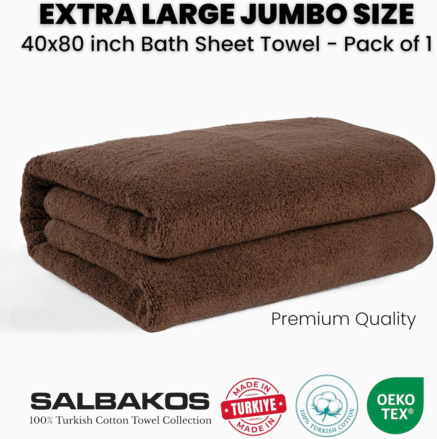 SALBAKOS 100% Turkish Cotton Bath Sheet 40x80 (1-Piece, Chocolate Brown) | Extra Large Jumbo Oversized Bathroom and