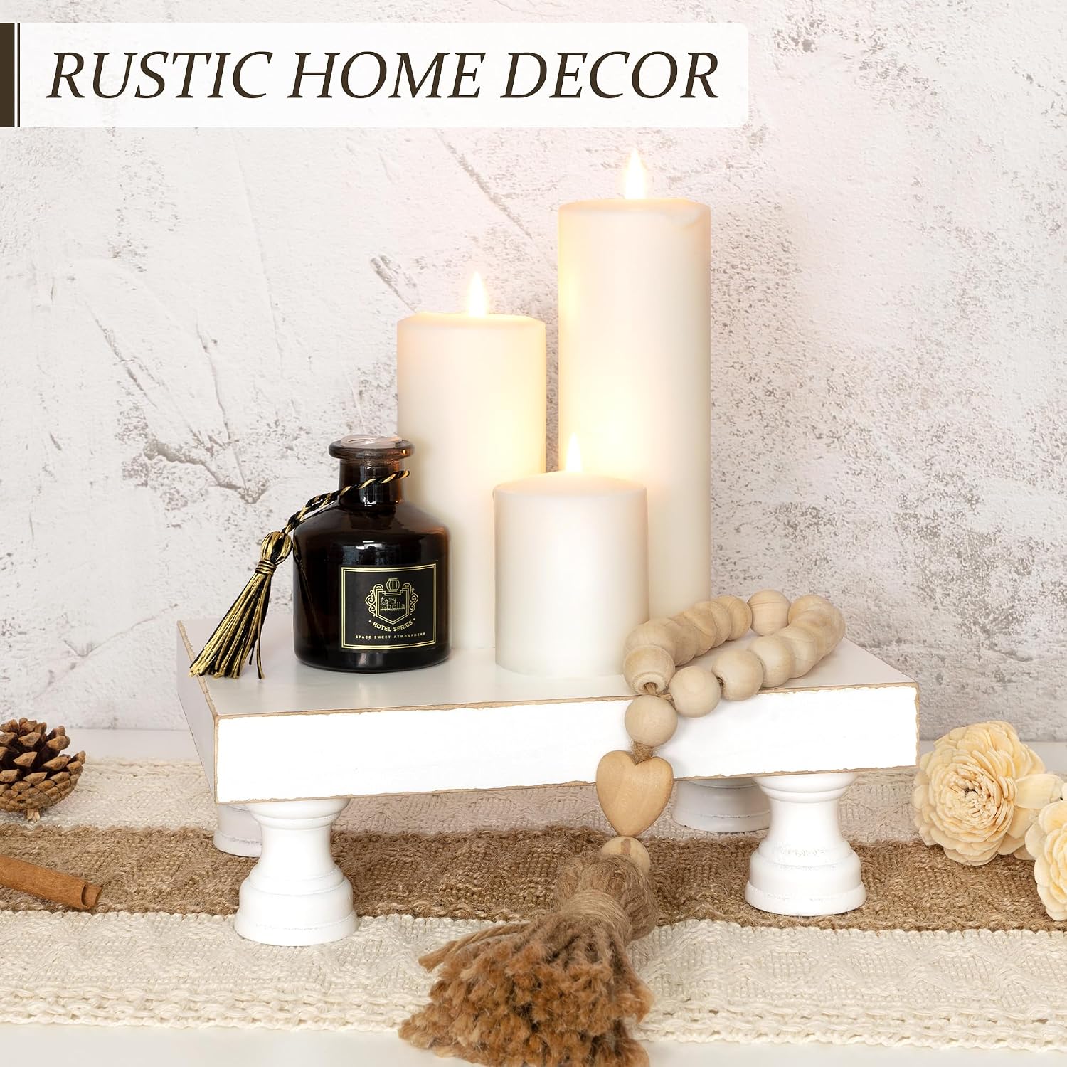 EOSAHR Wood Riser & Display Stand for Rustic Kitchen Decor, White | 8.5" Pedestal Stand, Plant & Dessert Farmhouse