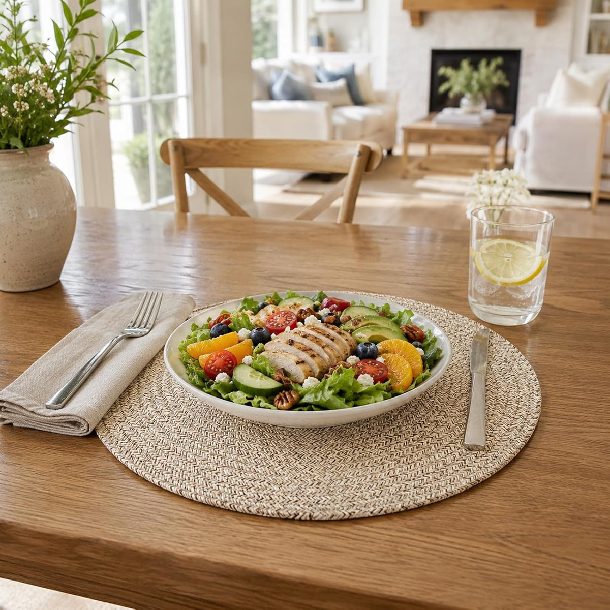 8 Pack Round Woven Placemats 13.5 Inches Heat Resistant Placemats Farmhouse Cotton Rope Braided Place Mats for Dining
