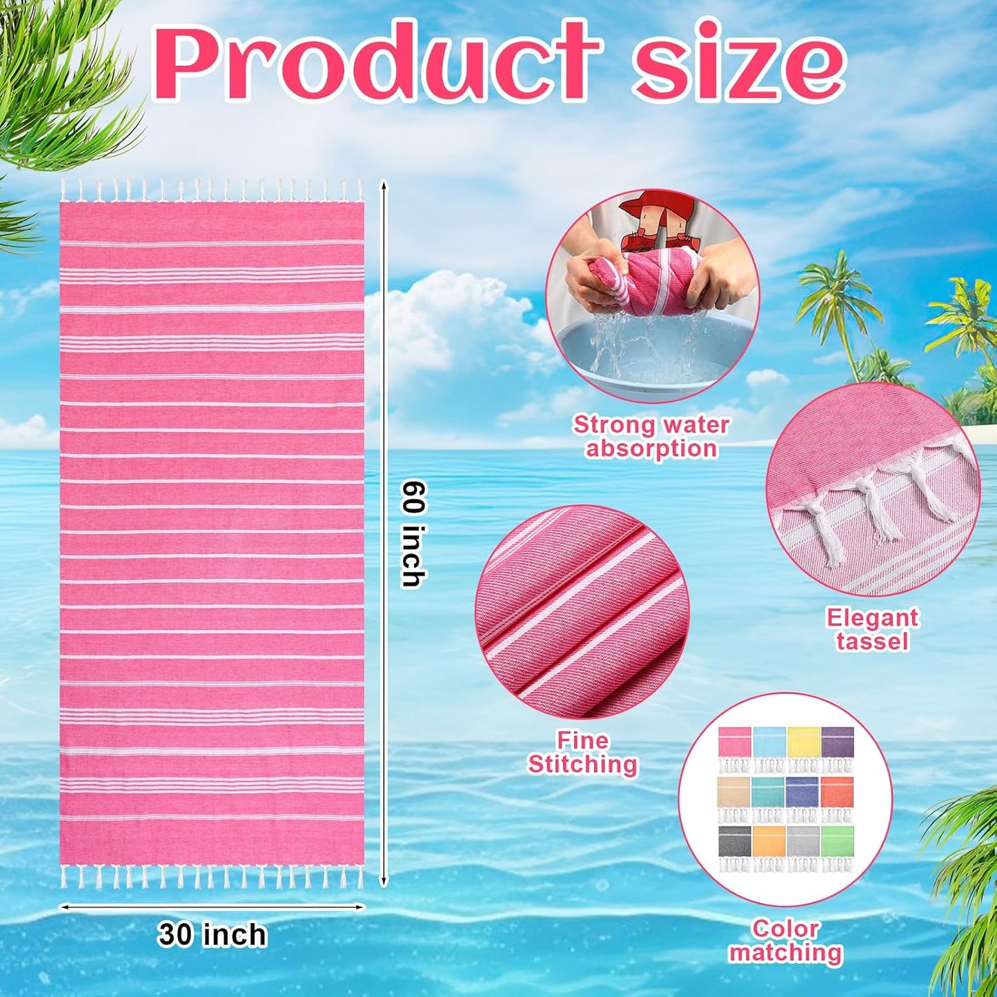 SmoothNovelty 12 Pcs Turkish Beach Towel 30 x 60 Inch Extra Large Lightweight Travel Towel Cotton Turkish Bath Towels