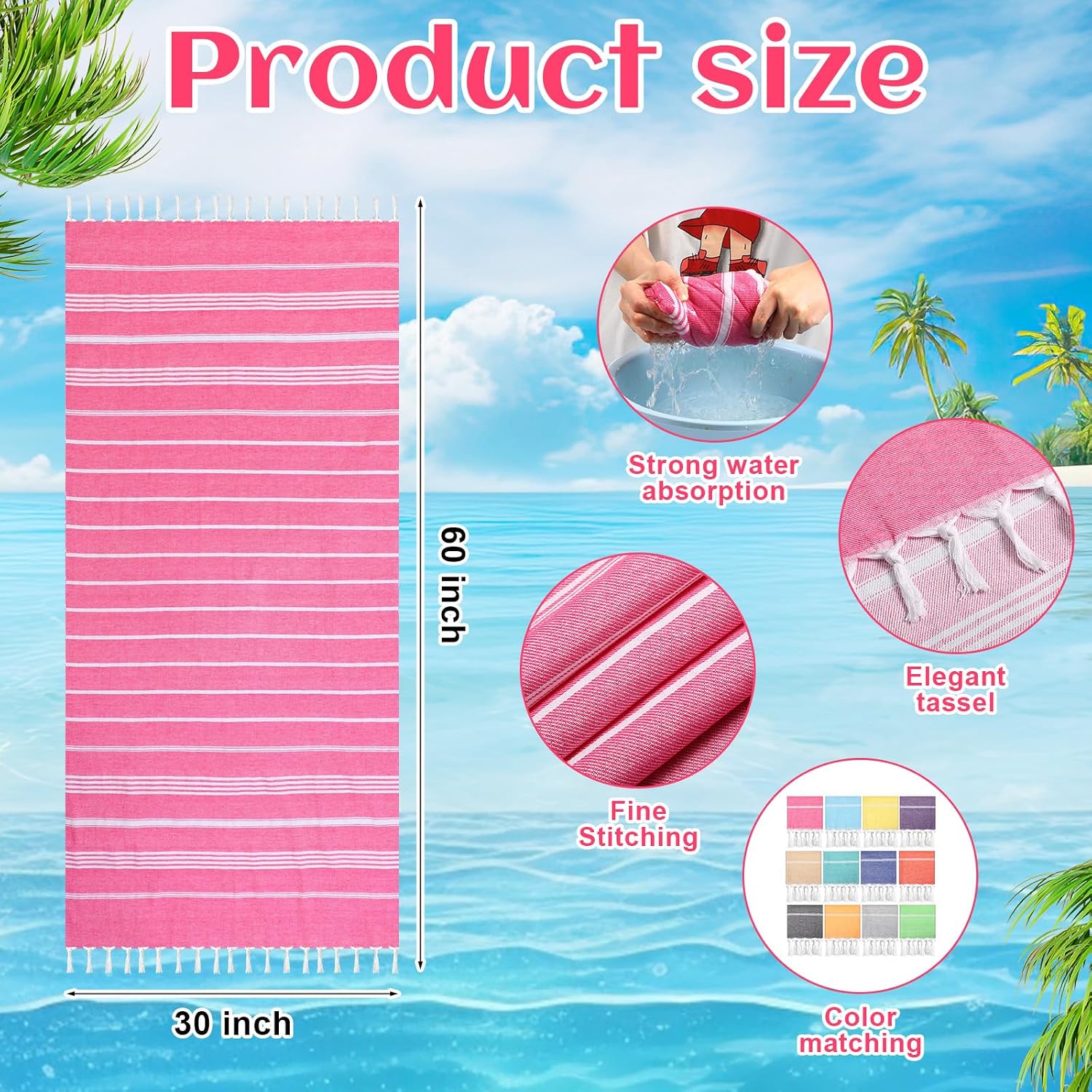 SmoothNovelty 12 Pcs Turkish Beach Towel 30 x 60 Inch Extra Large Lightweight Travel Towel Cotton Turkish Bath Towels