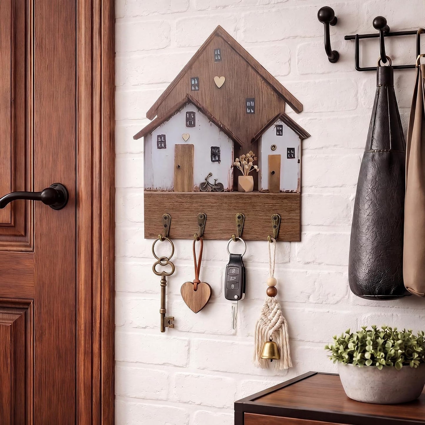 Wooden Key Holder / Key Hanger Purse Organizer Decorative Wall Hooks House Shaped Boho Decorative