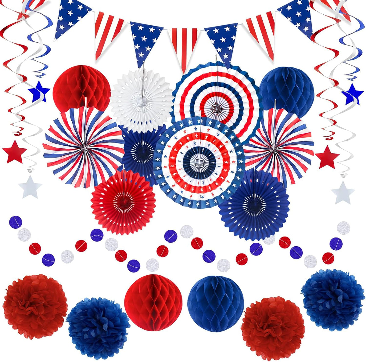 24 Pcs Patriotic 4th of July Decorations Kit, Paper Fans Pom Poms 8-16 in