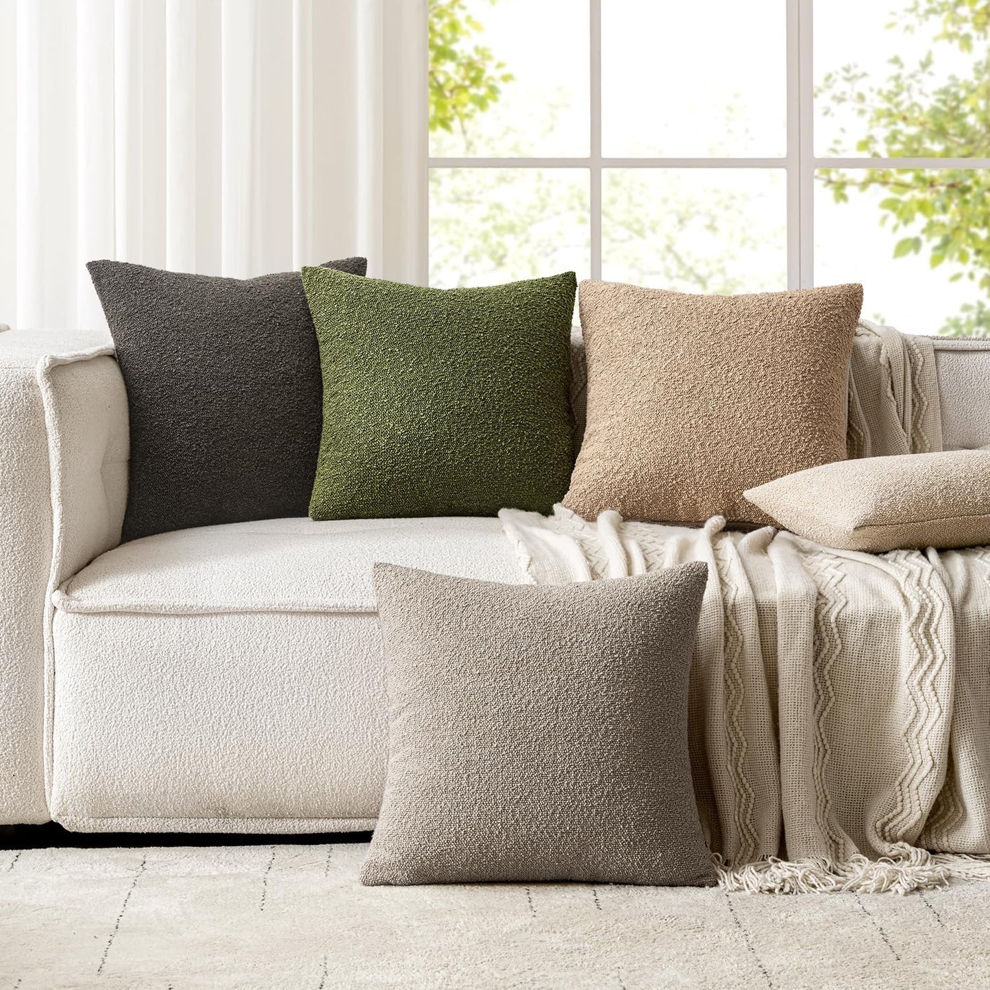 Decorative Boucle Throw Pillow Covers Textured Square Pillowcaes Accent / 18 x 18 / Khaki / Set of 2