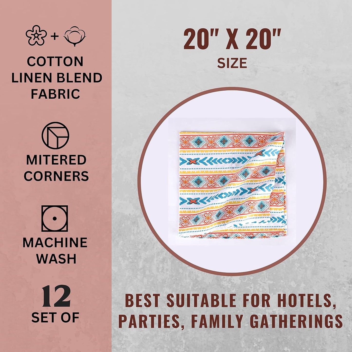 FINGERCRAFT Cloth Napkins Set of 12 Cotton Linen, 20x20 in, Tribal Spirit | Mitered corner, washable, soft, absorbent