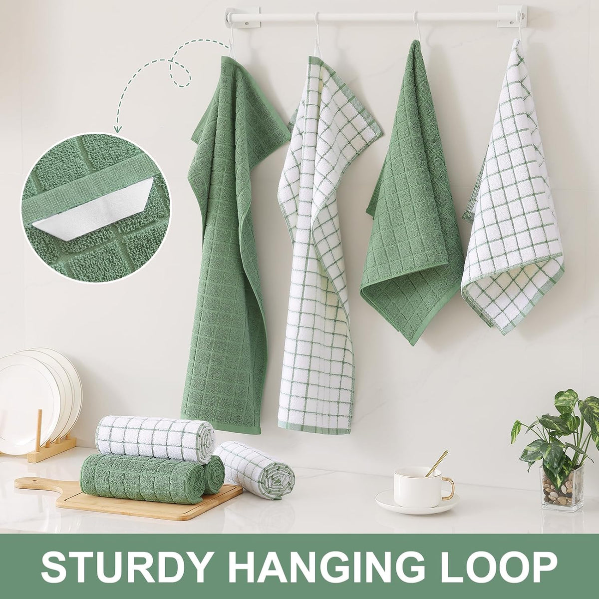 Homaxy Large Premium Cotton Kitchen Towels 16"x 28", 8 Pack, Grass Green | Natural Ring Spun 390 GSM Dish Towels, Super