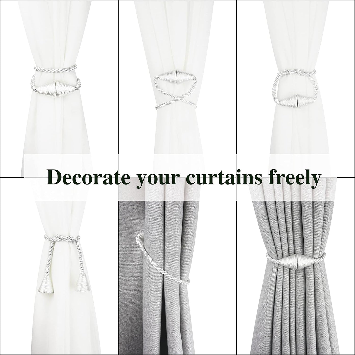 Magnetic Curtain Tiebacks Rope Decorative Holdbacks for Drapes Nieffeiy | 6 Pack White Modern Handmade Curtain Tie