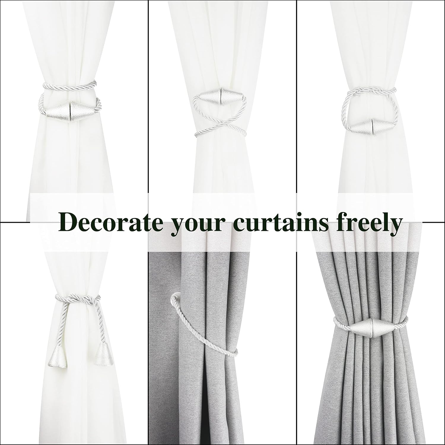 Magnetic Curtain Tiebacks Rope Decorative Holdbacks for Drapes Nieffeiy | 6 Pack White Modern Handmade Curtain Tie