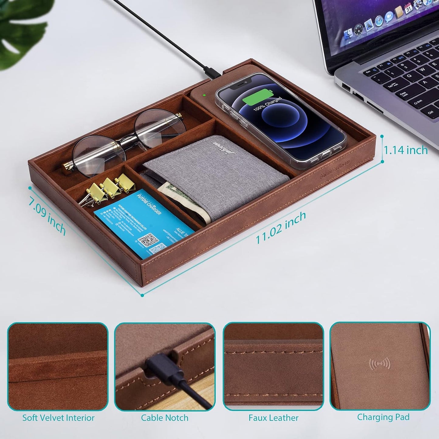Valet Tray, Built in Wireless Charging Pad, Nightstand Organizer | Dresser Organizer, Mens Jewelry Box, Valet Charging