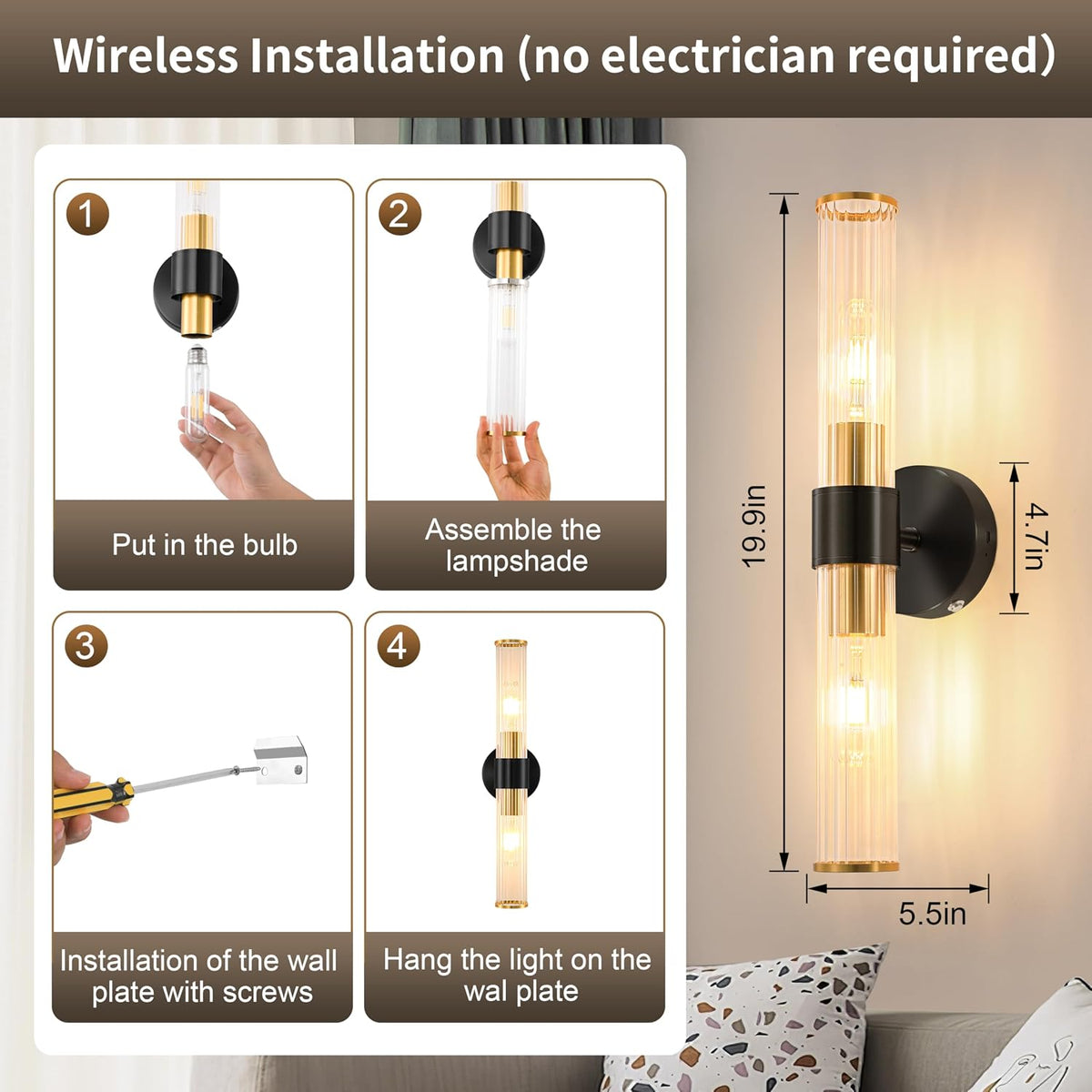 Morauroral Black Gold Battery Operated Wall Sconce, Rechargeable Wall Lights with Remote, 20 Inch Modern Wireless Wall