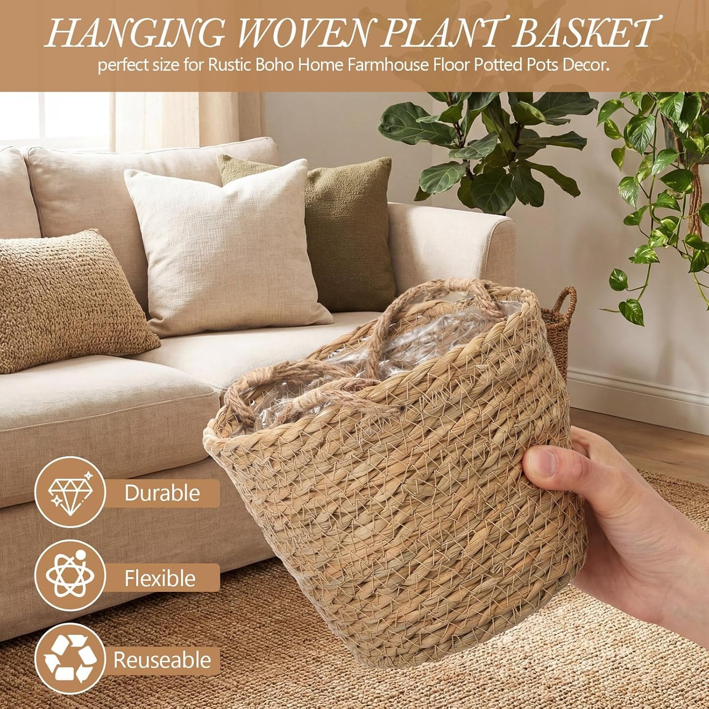 Seagrass Hanging Planter Basket Hand Woven Plant Basket / Brown / Small / Set of 6