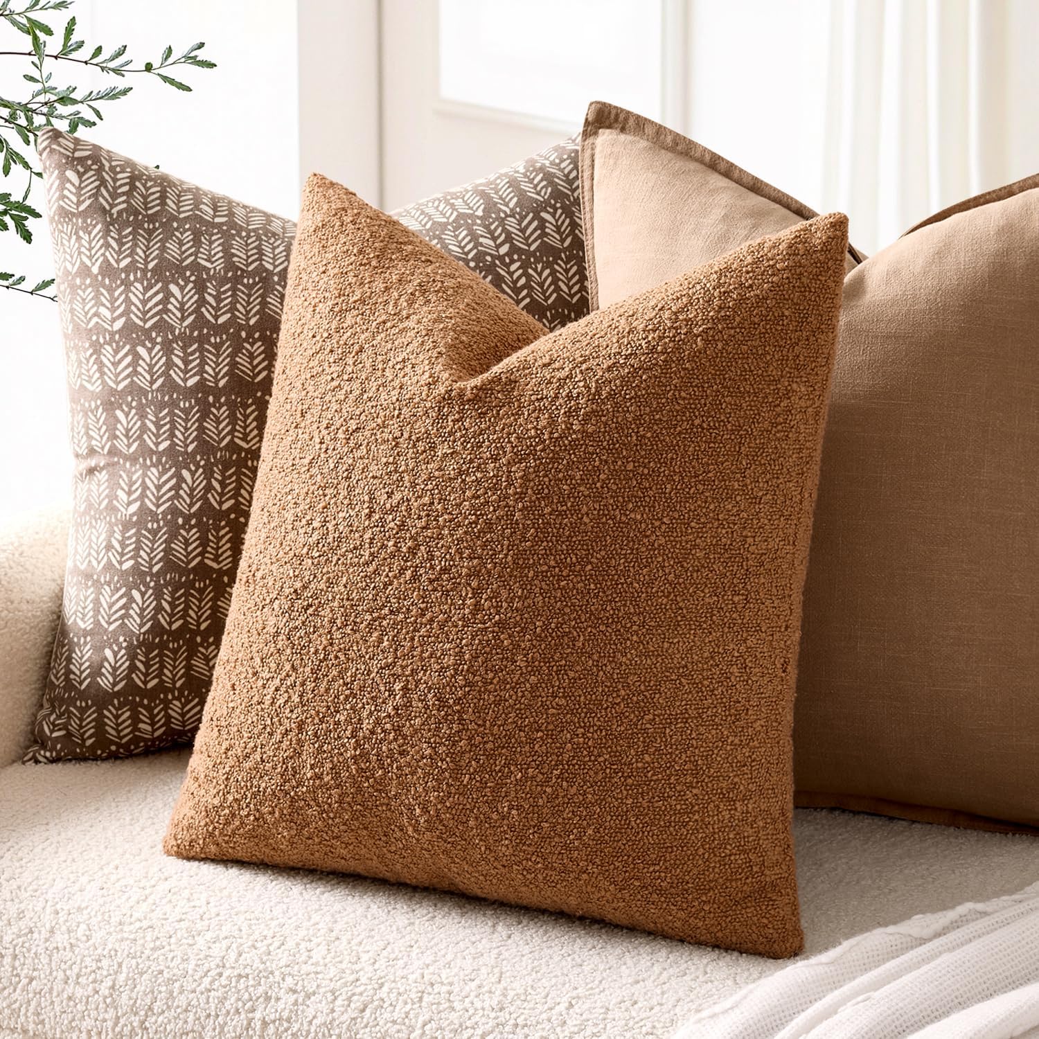 Textured Boucle Throw Pillow Covers Soft Accent Solid Cushion Cases / Brown / 20 x 20 / Set of 2