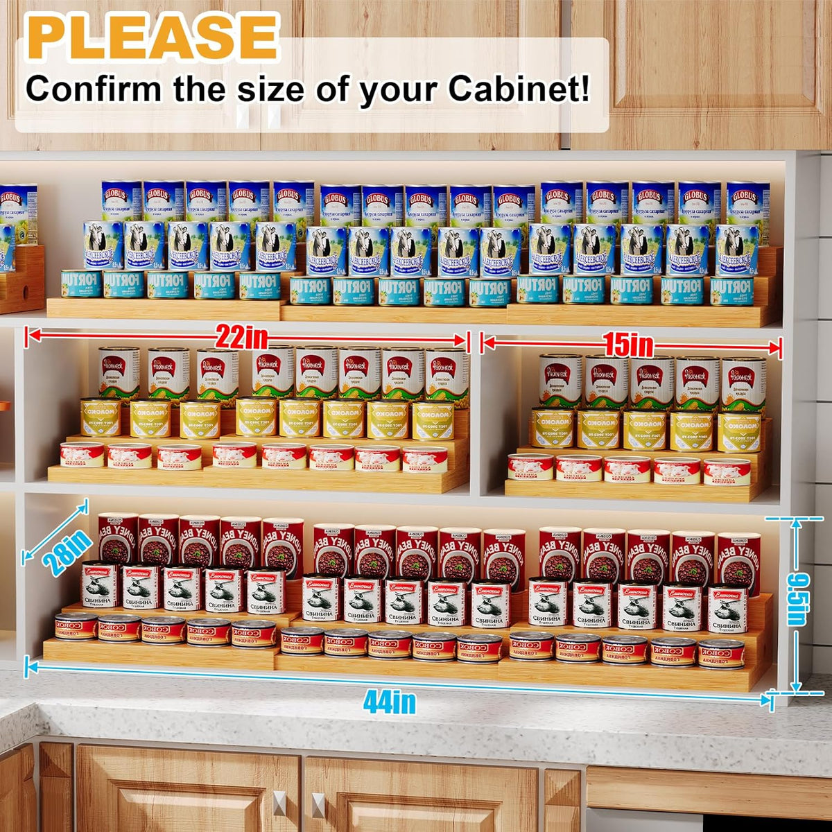 3-Tier Extra-Long Expandable Bamboo Can Rack for Pantry, Holds 45 Cans | Adjustable Pantry Can Organizer, Large