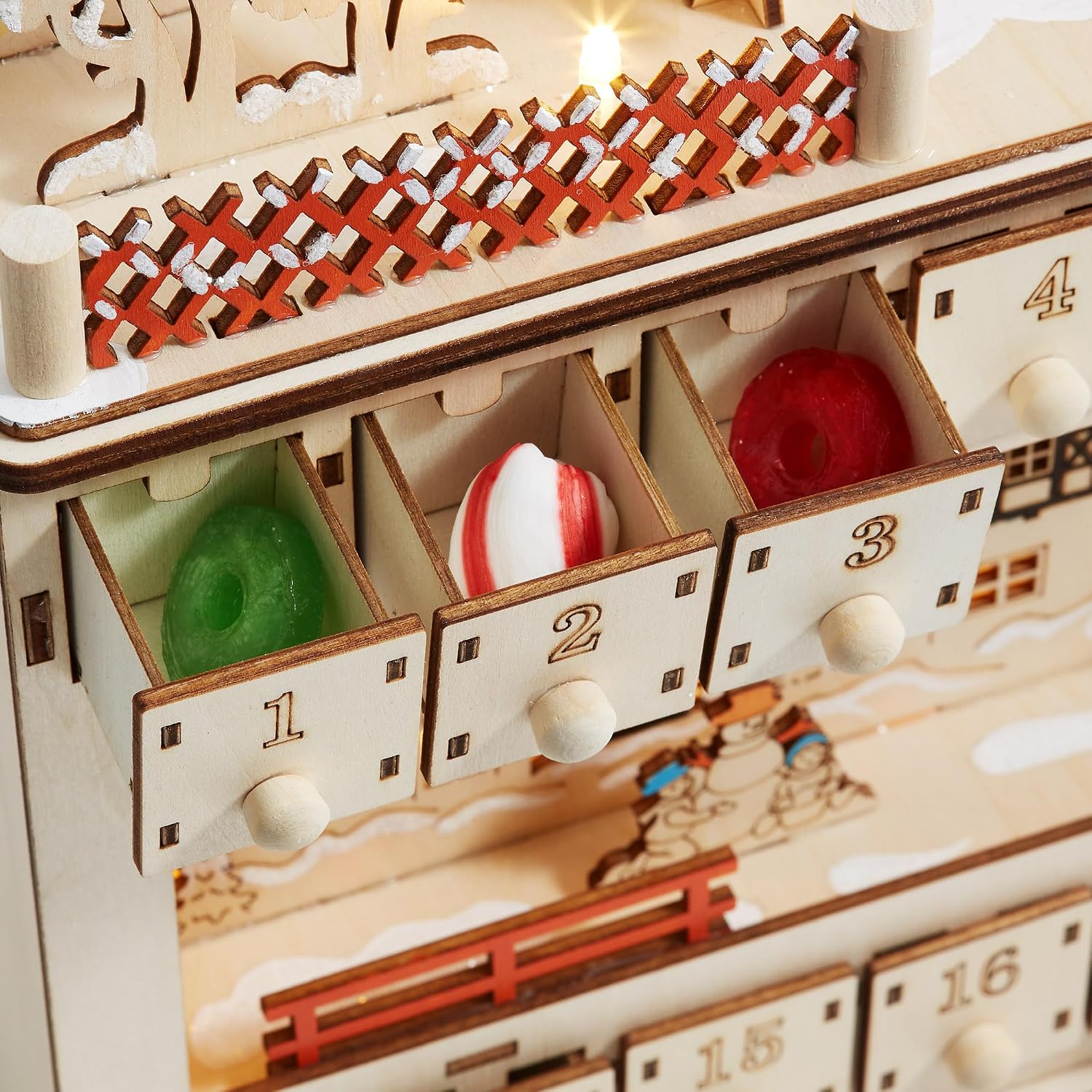 Casafield Wooden Christmas Advent Calendar, Pre-Lit with Drawers Holiday Decoration with Shooting Star and LED Light-Up