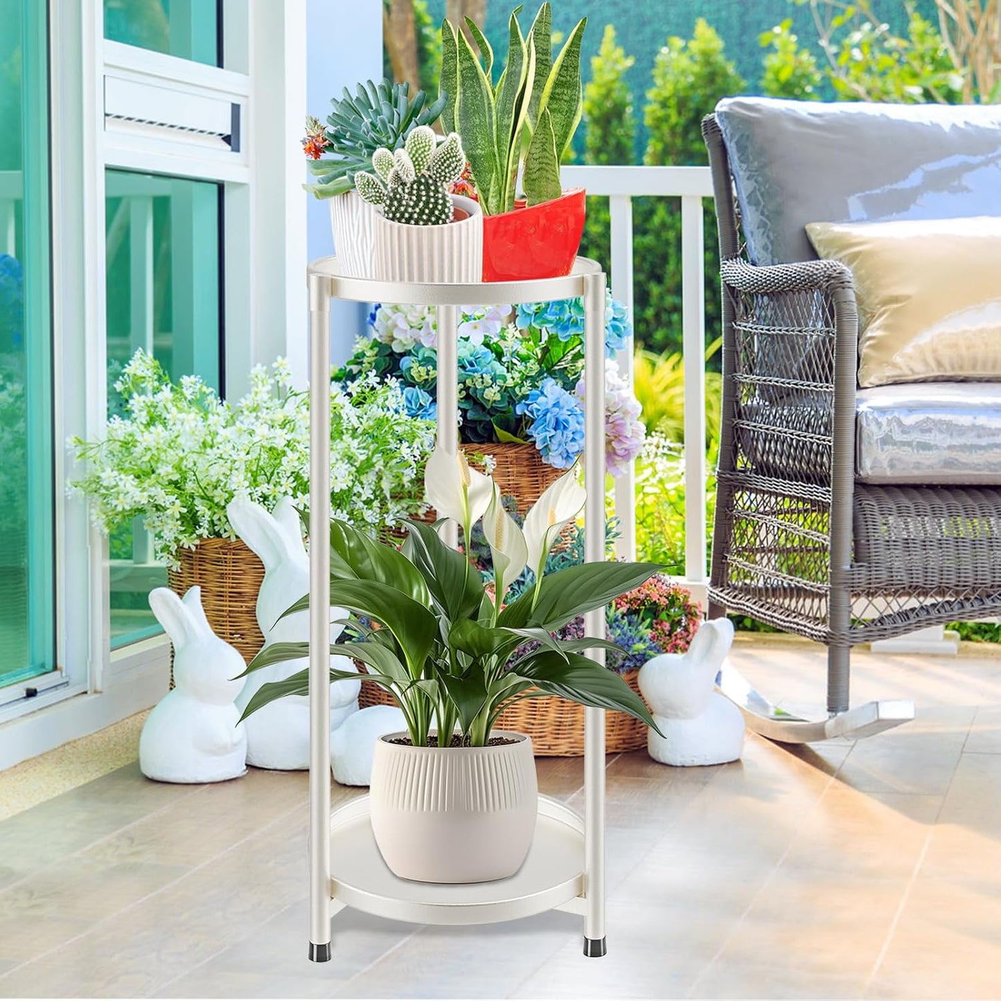2 Tier Plant Stand Indoor Tall, White Corner Tiered Round Plant Stand for Indoor Multiple Plants, Metal Flower Pot